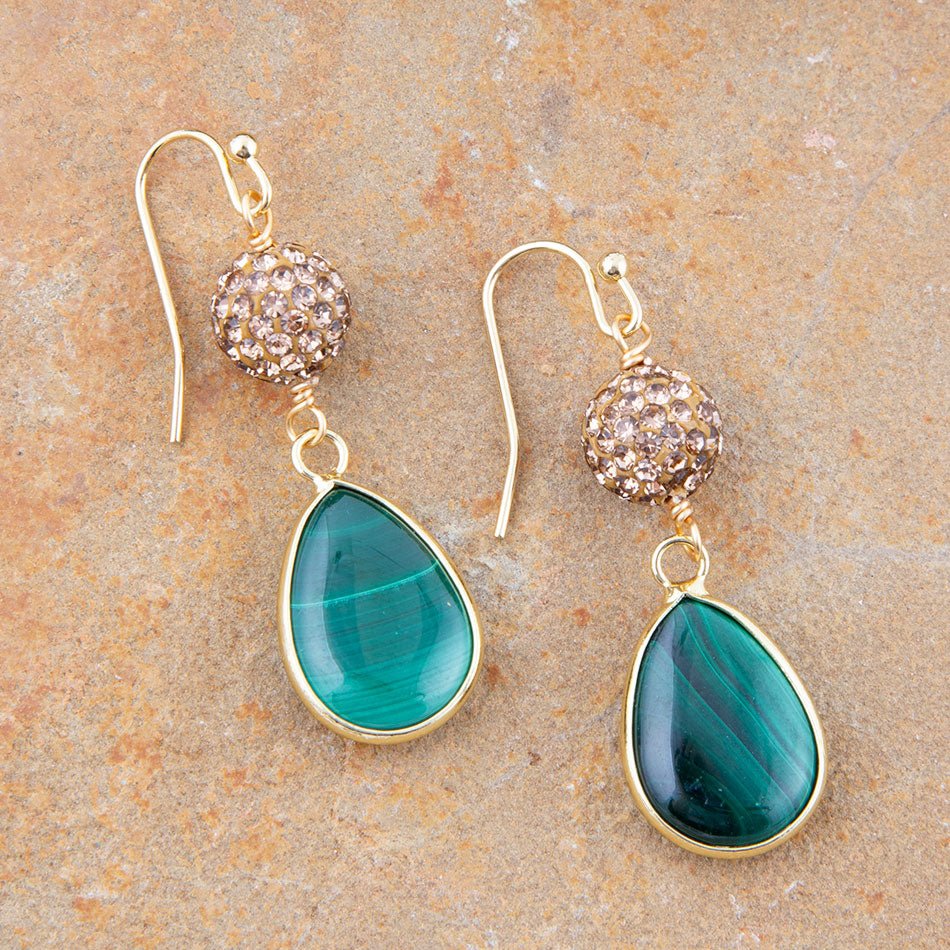 Jeweled Green Malachite Golden Drop Earrings Barse Jewelry