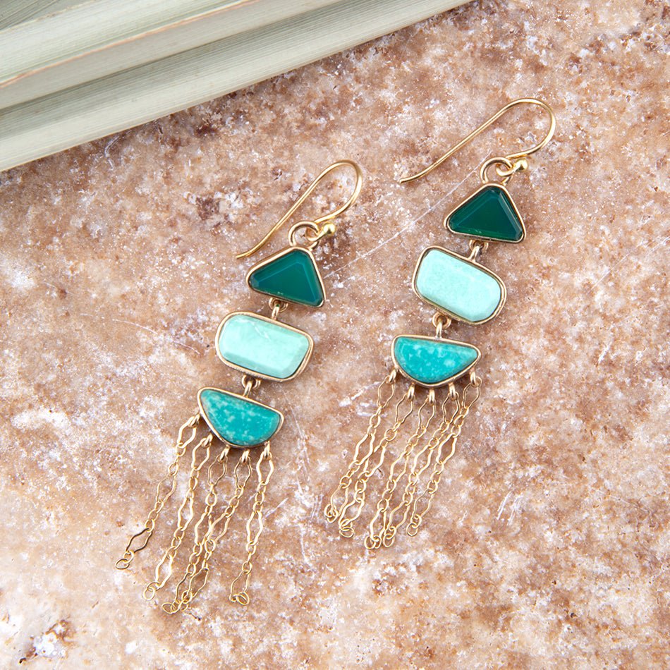 Green Multi Stone Golden Drop Earrings Barse Jewelry