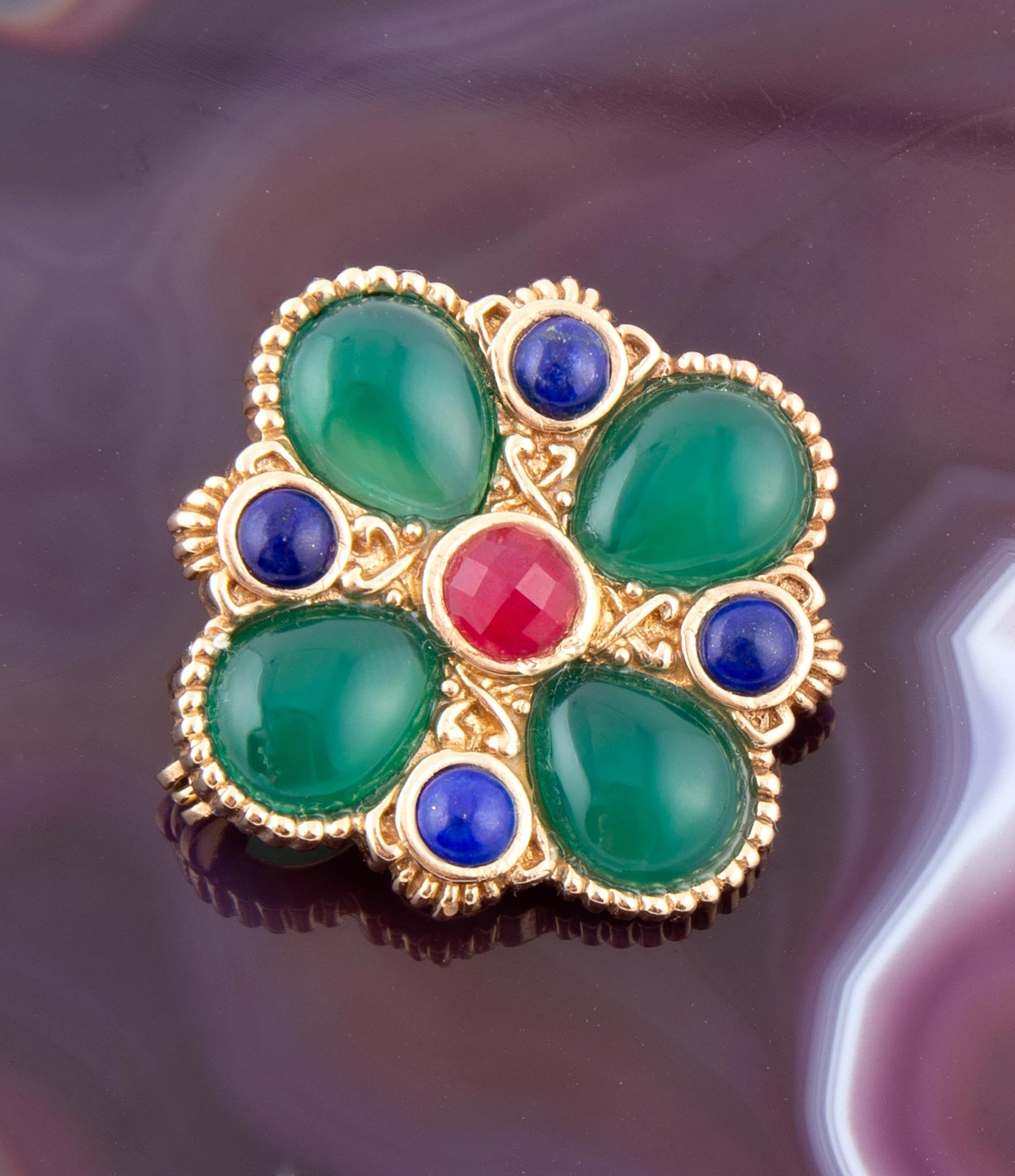 Green Onyx Mixed Stone Golden Brooche Barse Jewelry