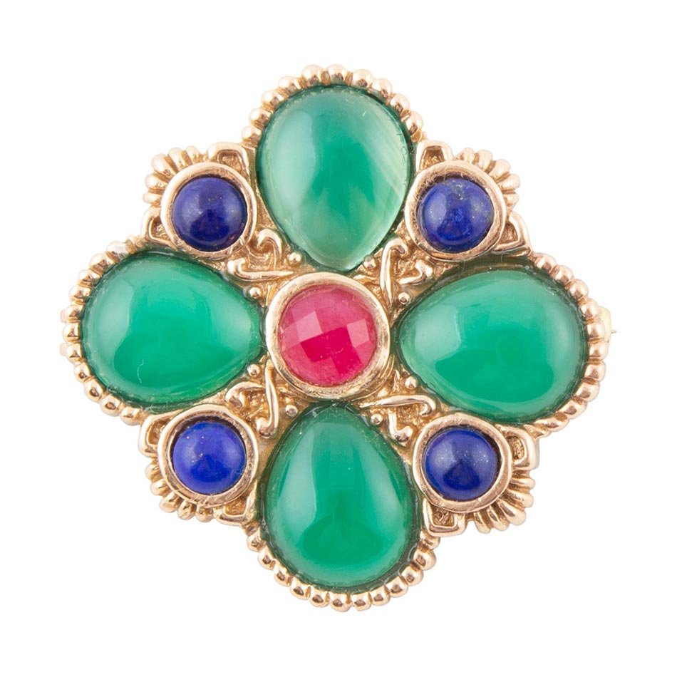 Green Onyx Mixed Stone Golden Brooche Barse Jewelry