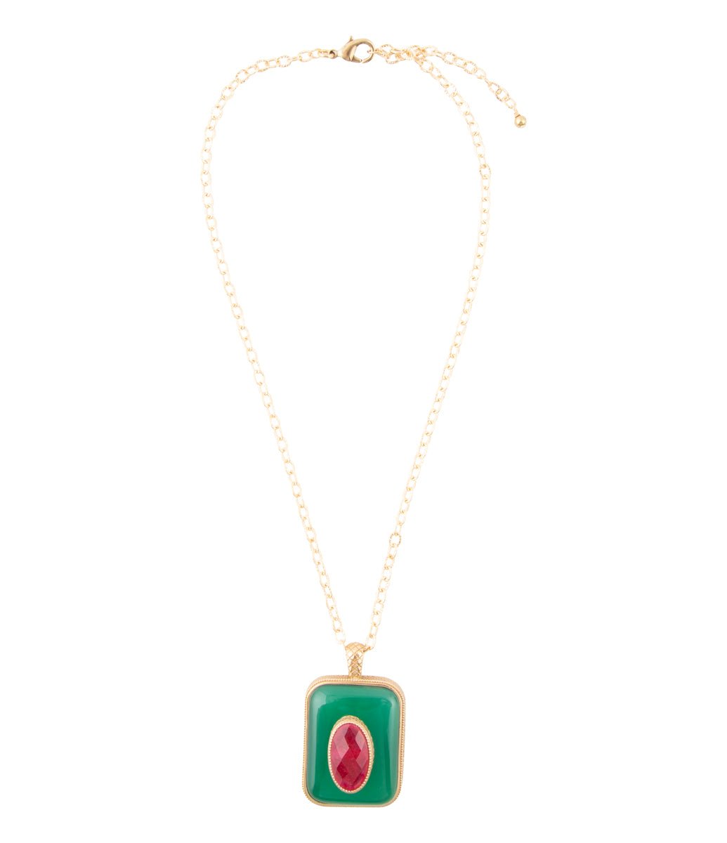 Green Onyx Stacked Red Quartz Golden Pendant Necklace Barse Jewelry