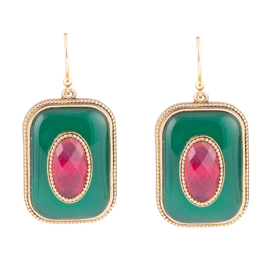 Green Onyx Stacked Red Stone Golden Drop Earrings Barse Jewelry