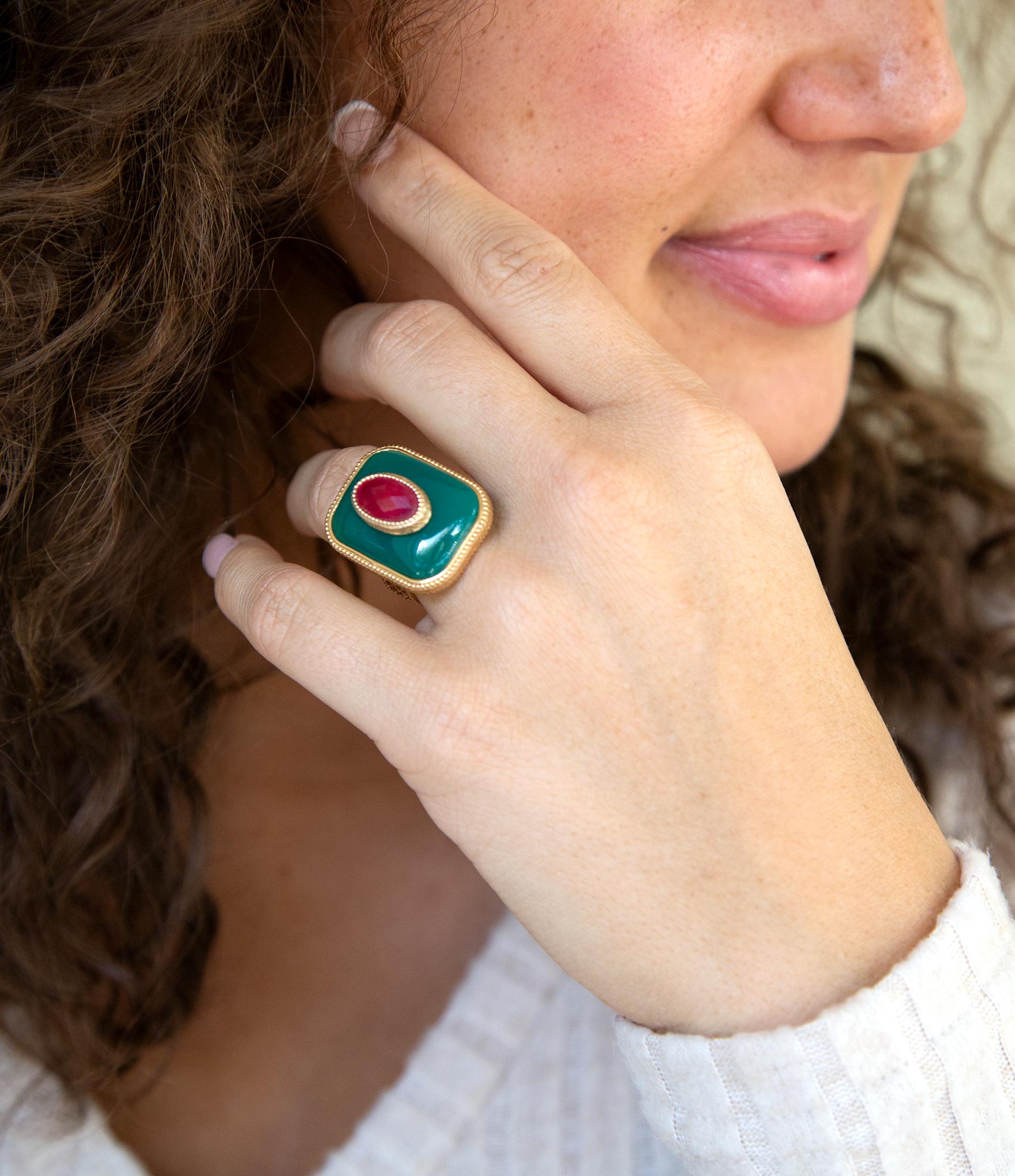 Green Onyx Stacked Red Stone Golden Statement Ring Barse Jewelry