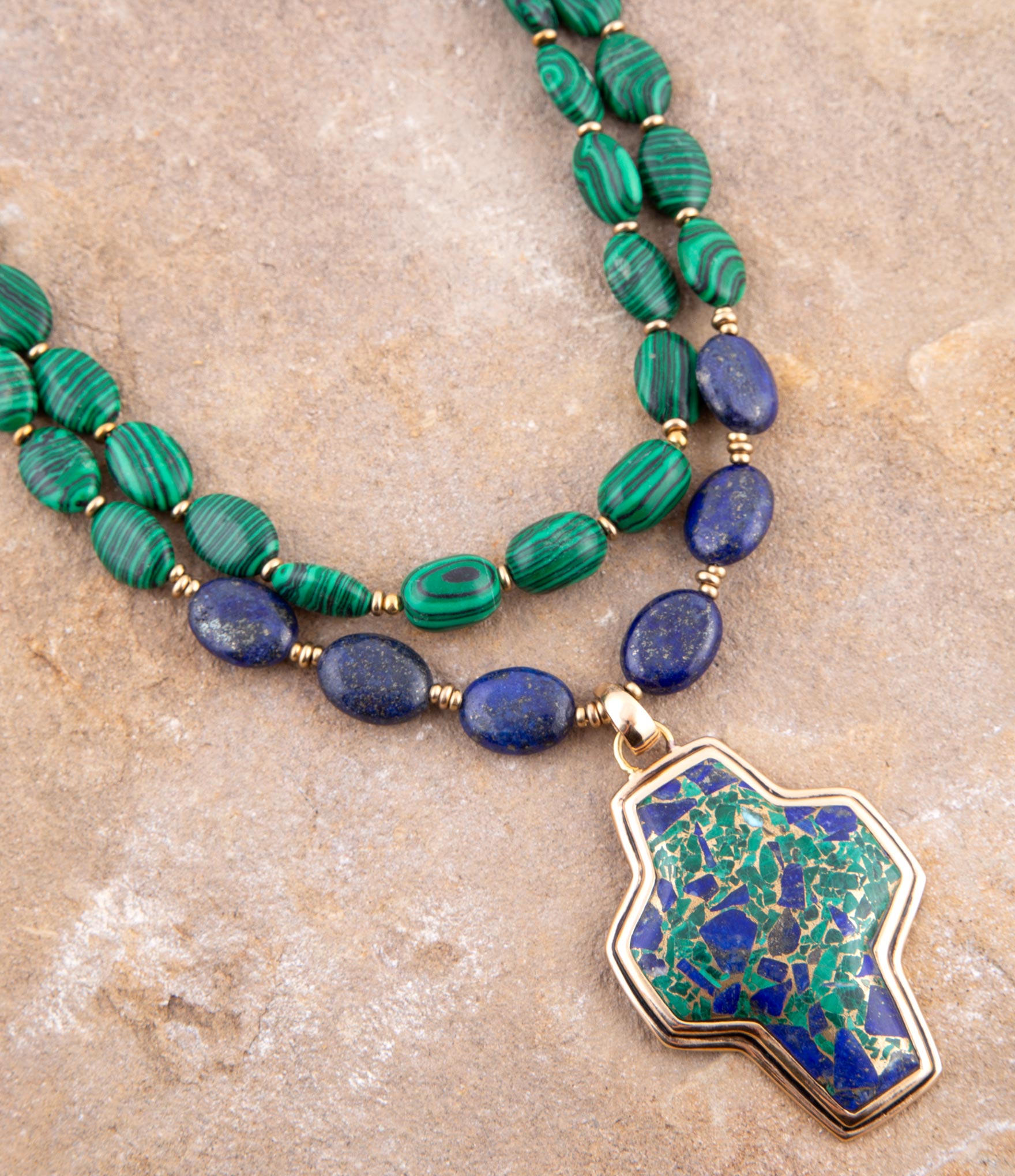 Green Malachite Azurite Cross Statement Golden Necklace Barse Jewelry