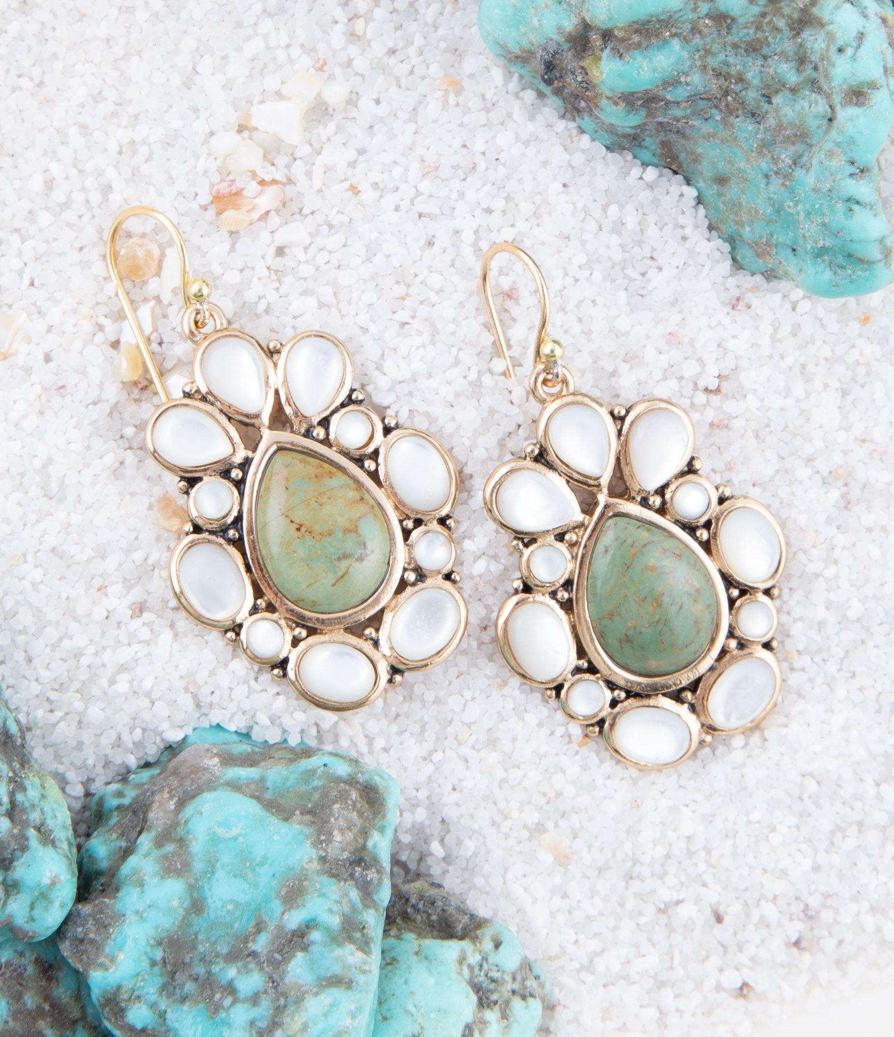 Green Turquoise and White Mother of Pearl Golden Bronze Drop Earrings Barse Jewelry