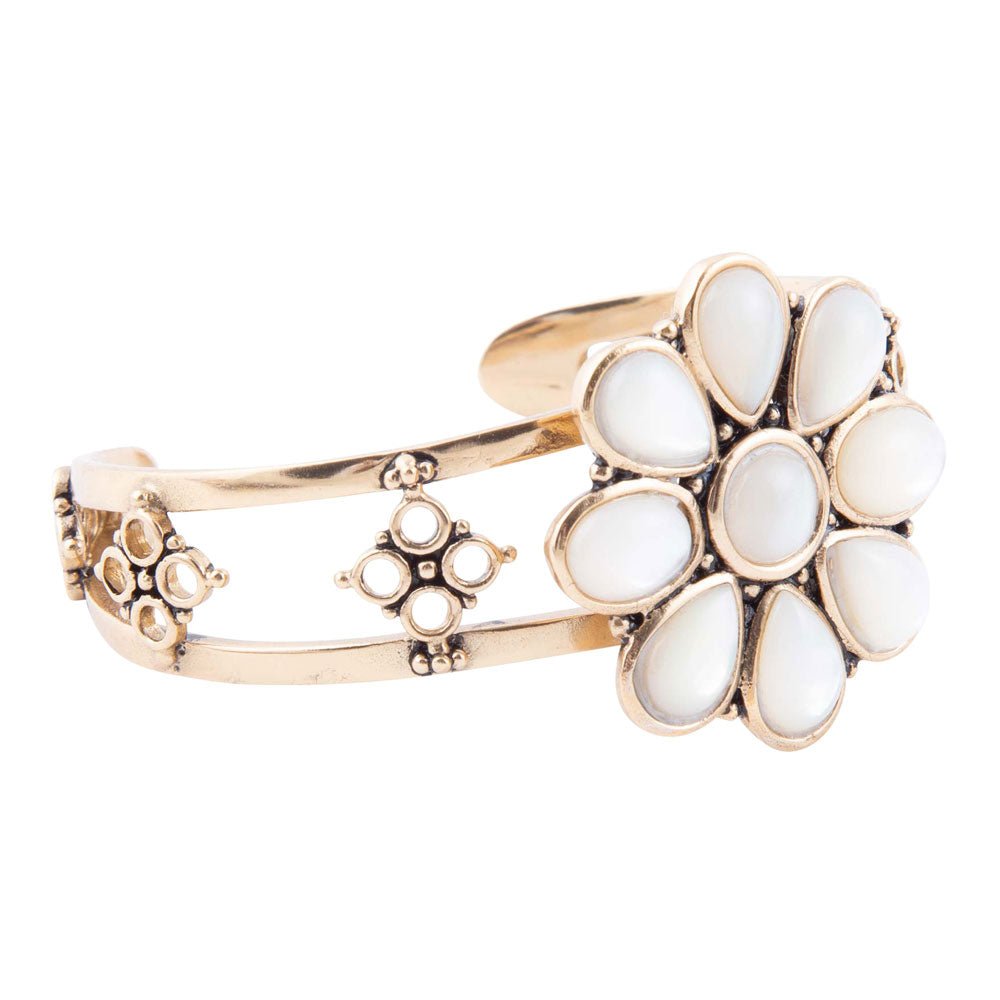 Hibiscus White Mother of Pearl and Golden Cuff Bracelet Barse Jewelry