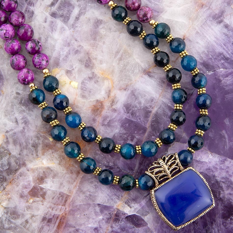 Indigo Blue Agate Pendant Statemen Golden Necklace Barse Jewelry