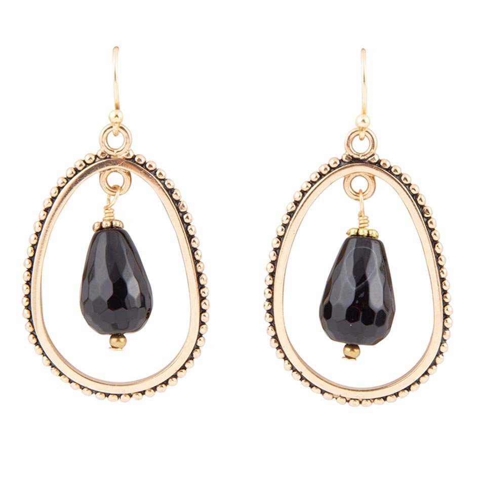 Inline Black Onyx Drop Golden Earrings Barse Jewelry