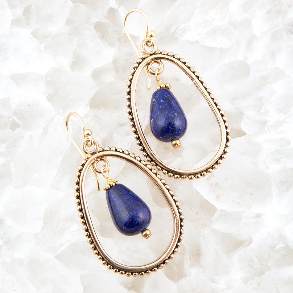 Inline Blue Lapis Drop Golden Earrings Barse Jewelry