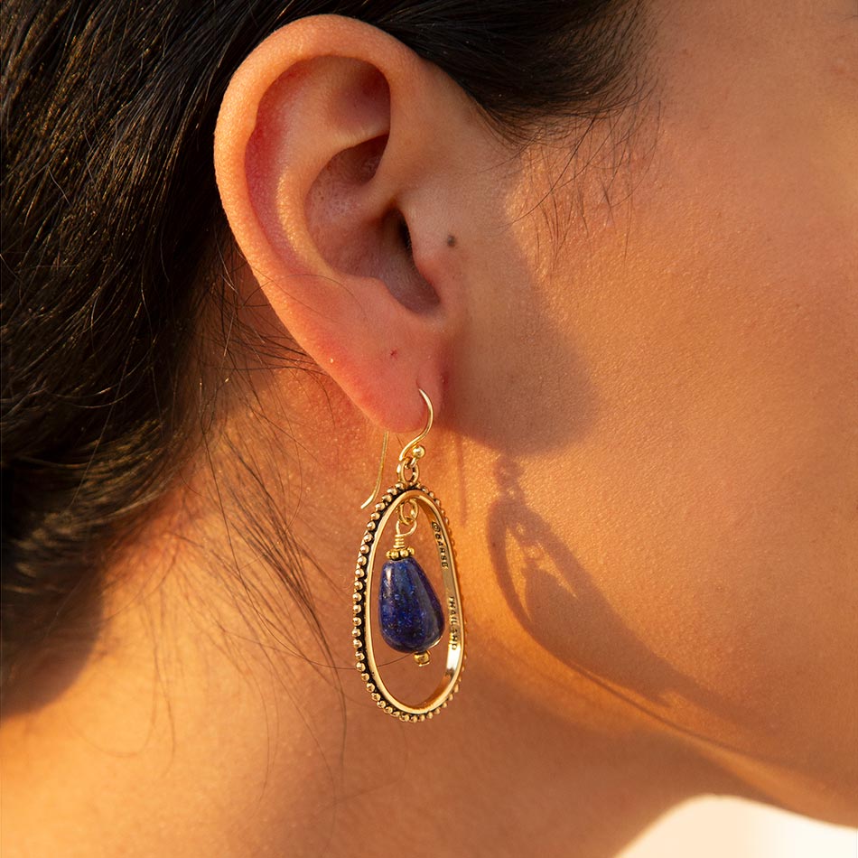 Inline Blue Lapis Drop Golden Earrings Barse Jewelry