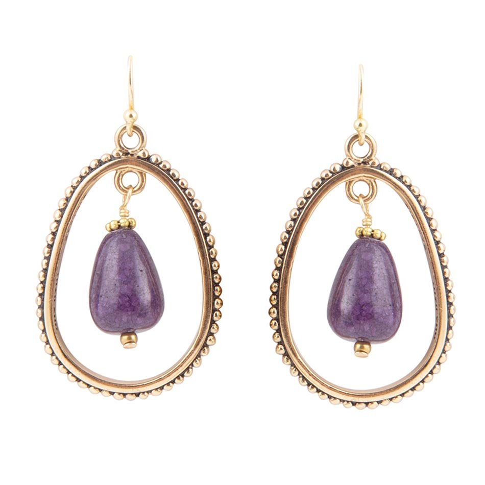 Inline Purple Jade Drop Golden Earrings Barse Jewelry