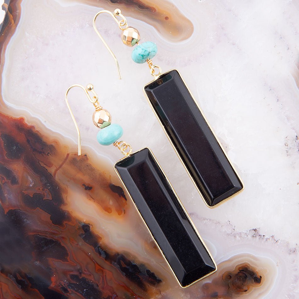 Jett Black Onyx Linear Golden Drop Earrings Barse Jewelry