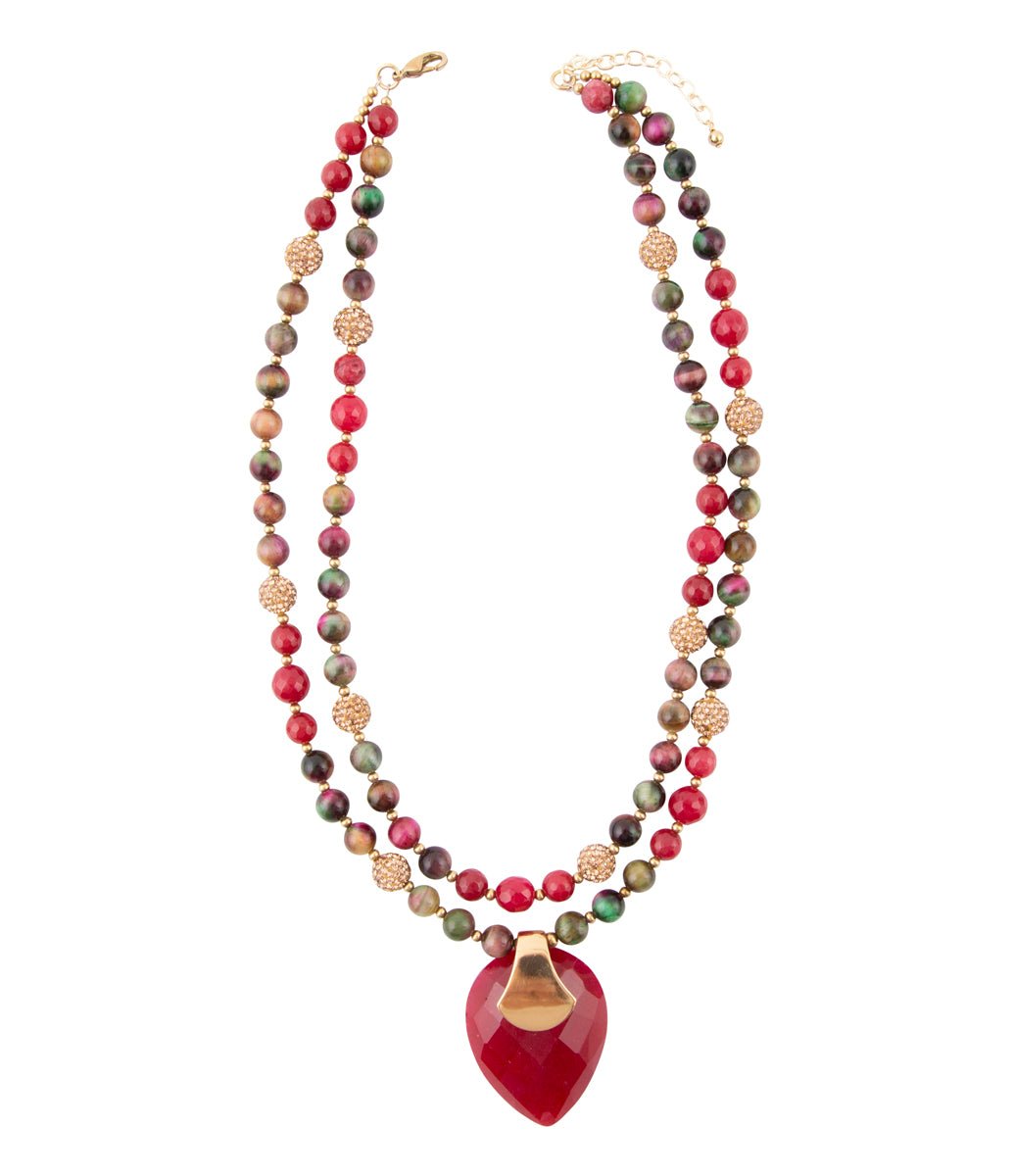 Jeweled Multi-Color Tiger's Eye and Rasberry Quartz Pendant Golden Necklace Barse Jewelry