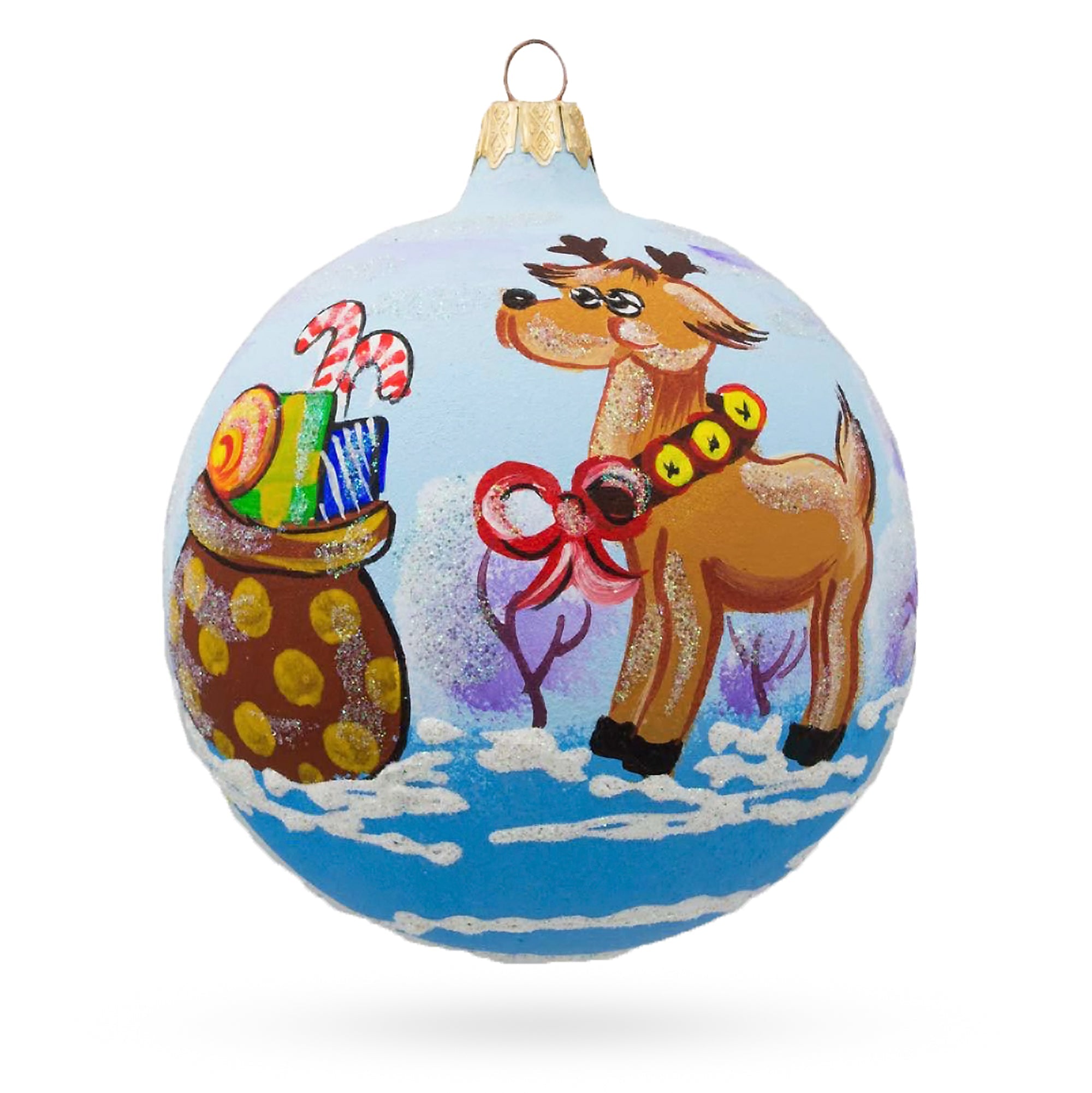 Reindeer Carrying Bag of Gifts Glass Ball Christmas Ornament 3.25 Inches
