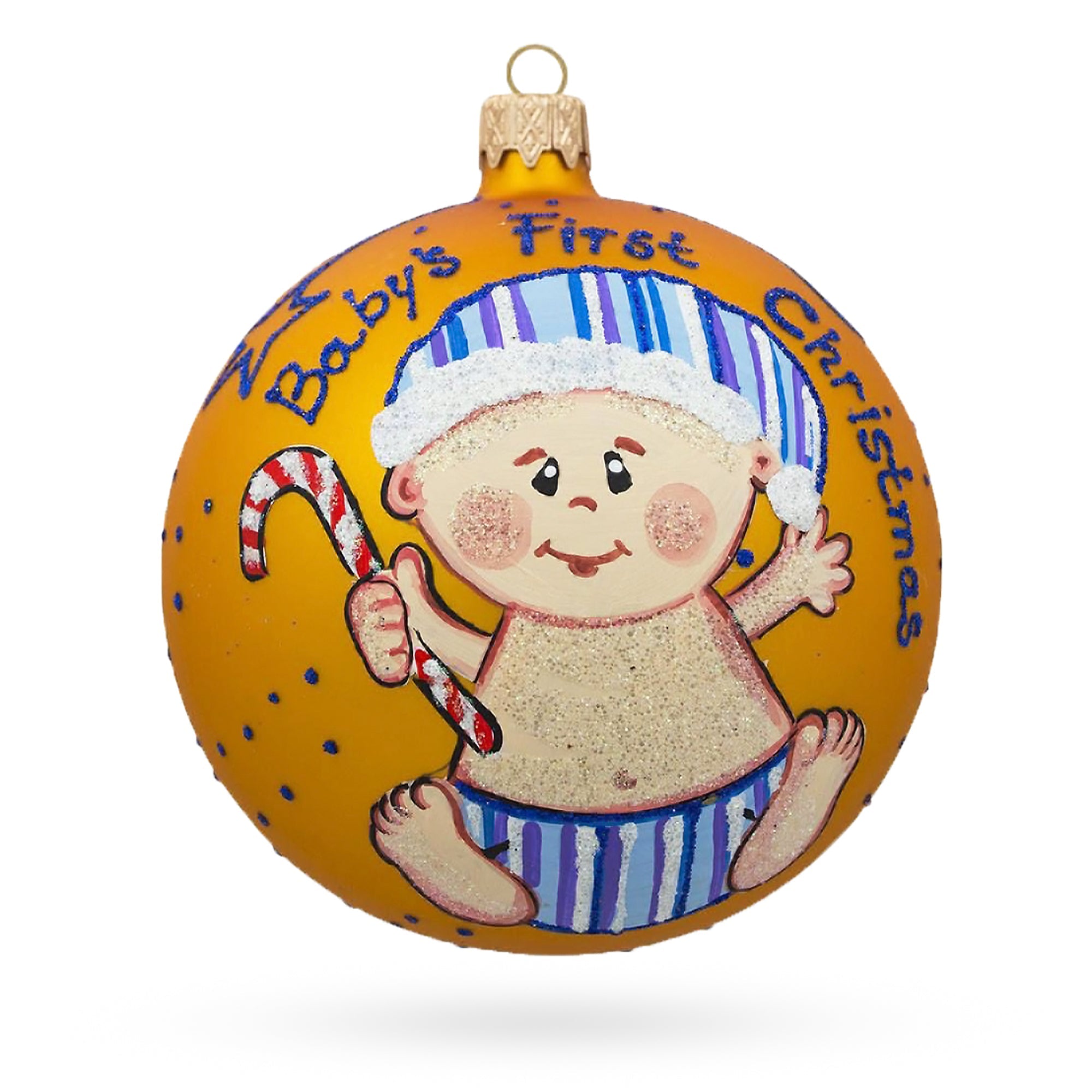 Boy with Candy Cane Glass Ball Baby's First Christmas Ornament 4 Inches