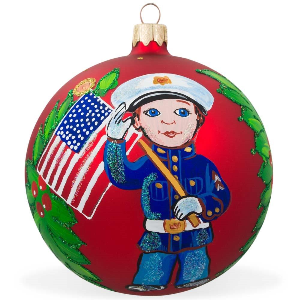 USA Marine with American Flag Glass Ball Patriotic Christmas Ornament 4 Inches