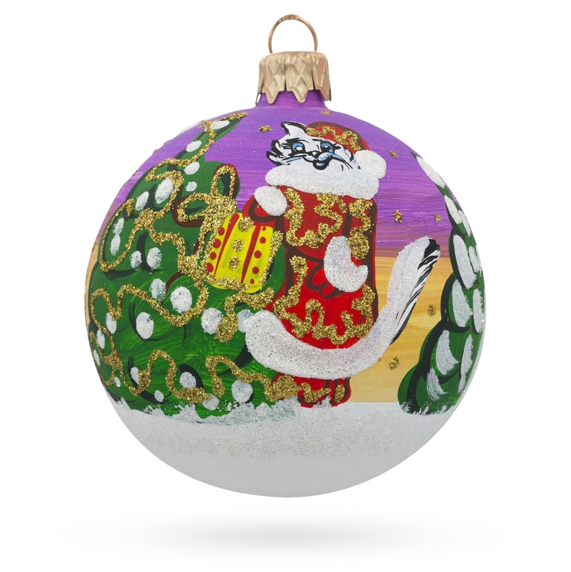 Cat Leaving Holiday Gifts Glass Ball Christmas Ornament 3.25 Inches