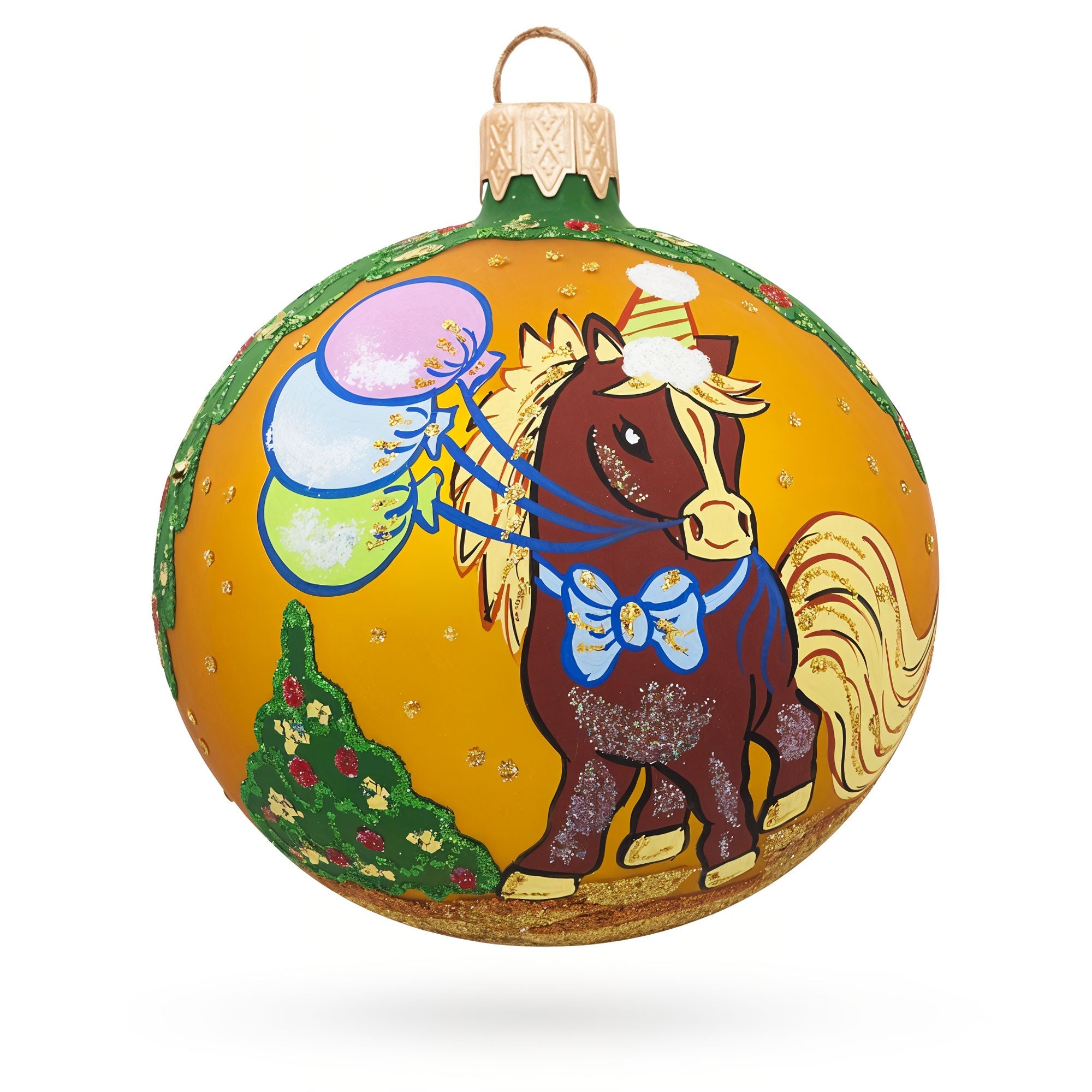 Festive Horse Celebration with Balloons Glass Ball Christmas Ornament 3.25 Inches