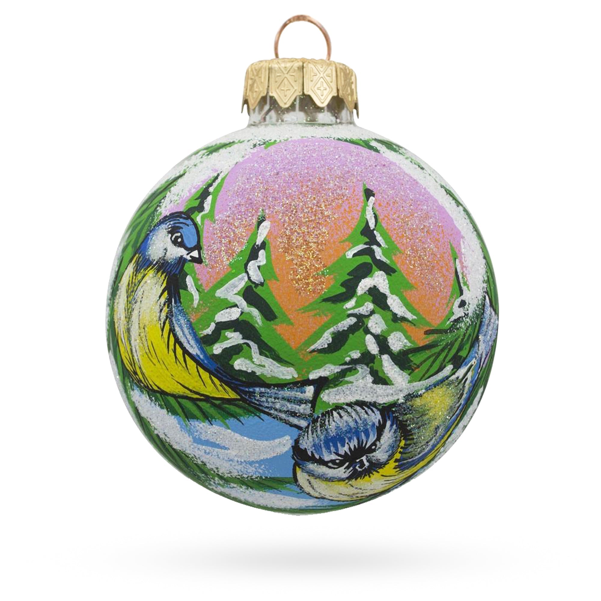 Twin Blue Birds Glass Ball Christmas Ornament 3.25 Inches