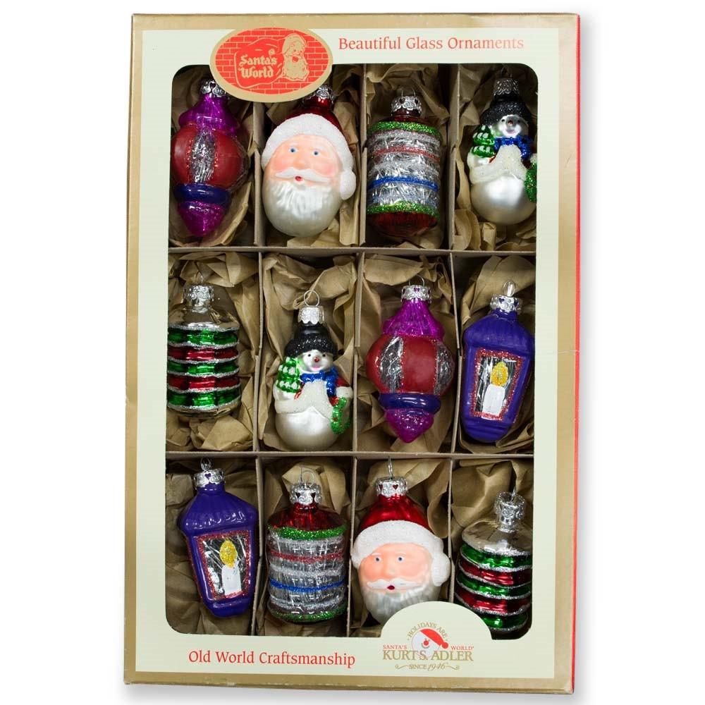Set of 12 Santa, Snowman and Lantern Christmas Glass Ornaments 2.5 Inches BestPysanky