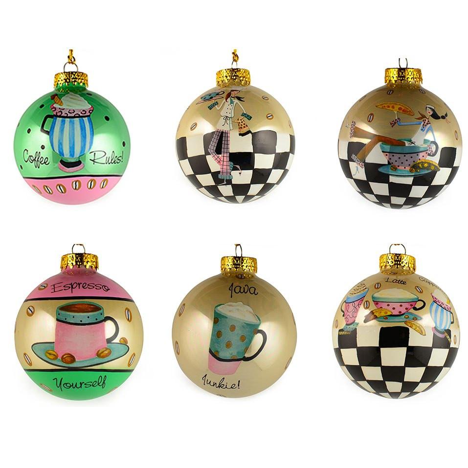 Set of 6 Coffee, Mocha, Latte Lovers Christmas Glass Ball Ornaments 3.25 Inches BestPysanky