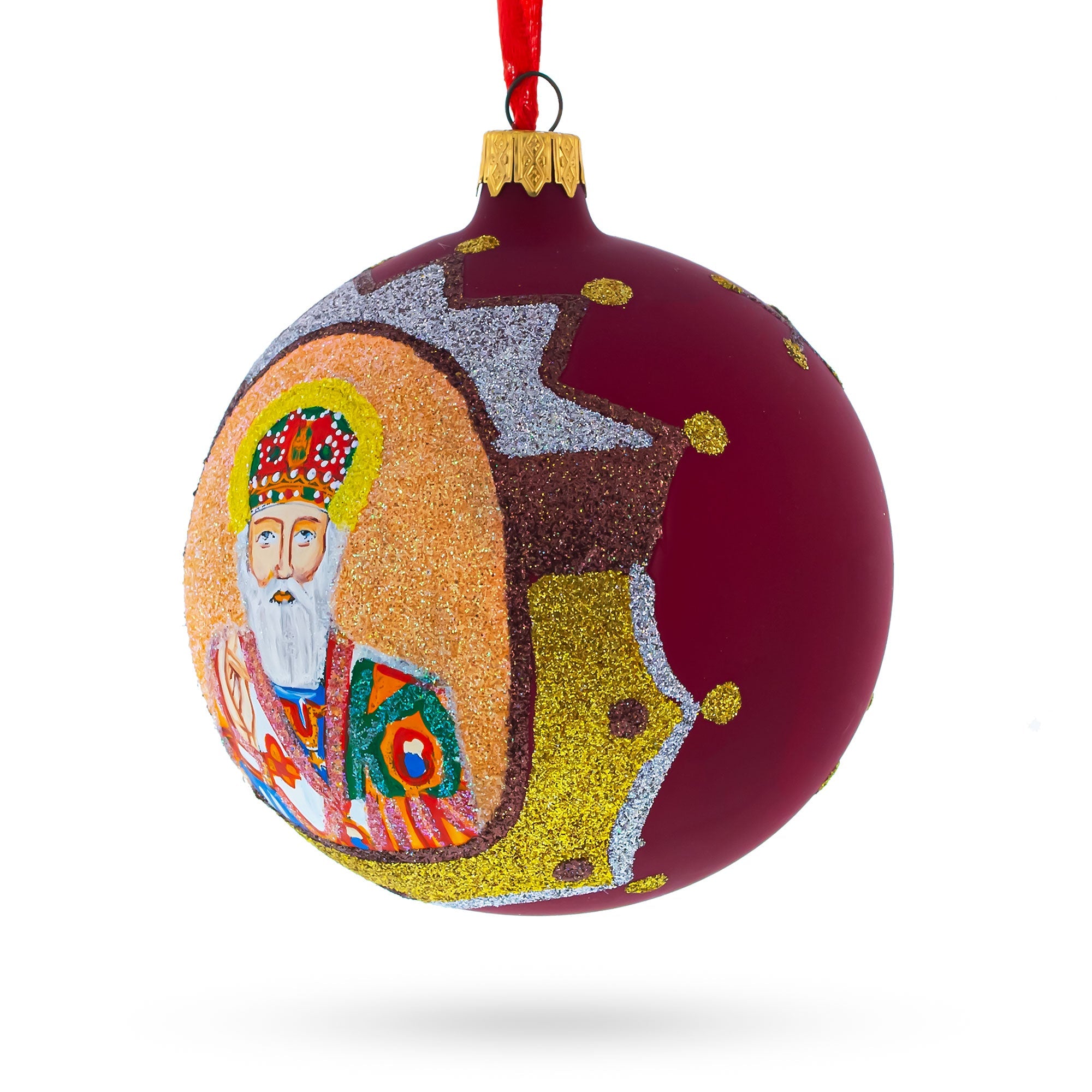 Reverent St. Nicholas with the Bible on Red Glass Ball Christmas Ornament 4 Inches