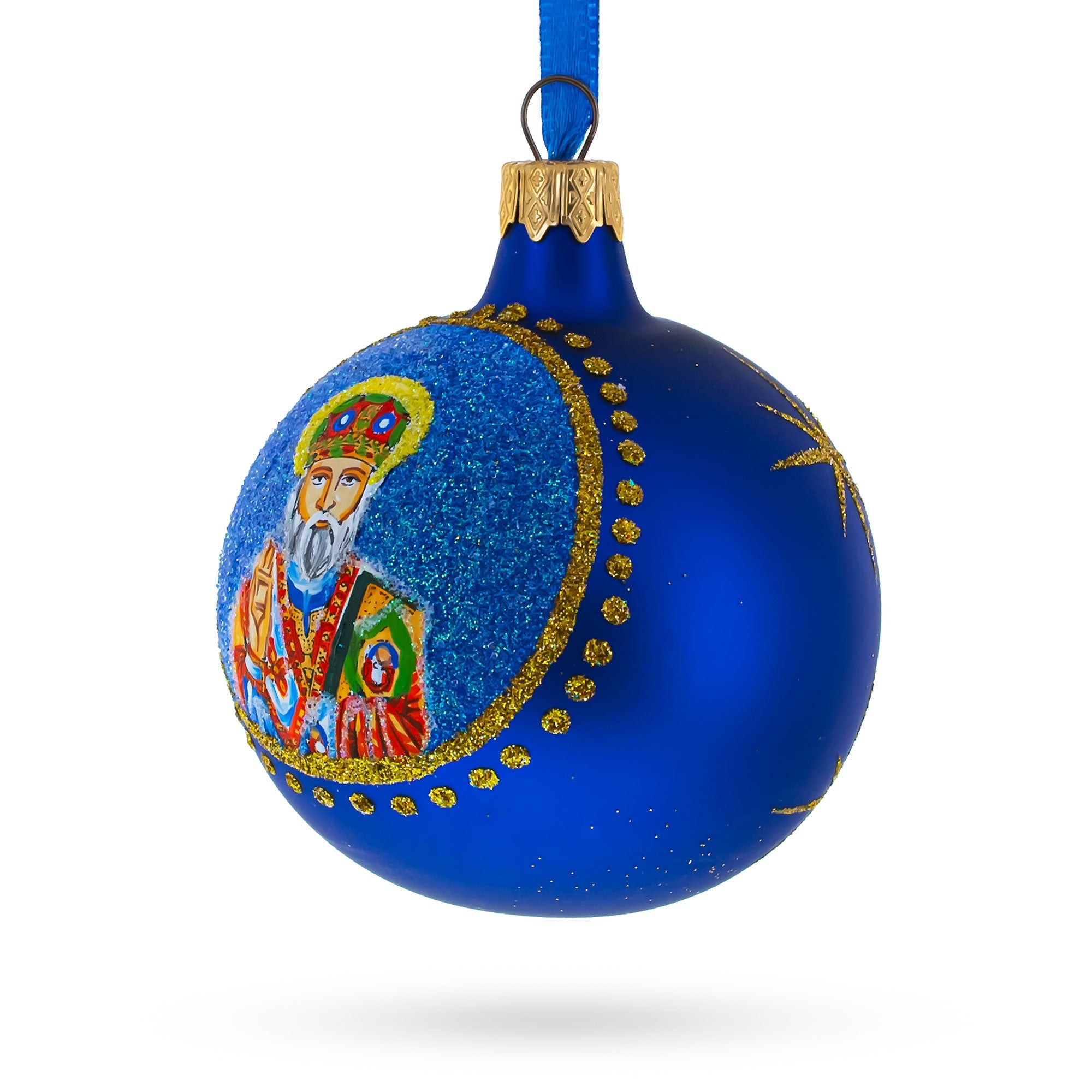 St. Nicholas with the Bible Ukrainian Glass Ball Christmas Ornament 3.25 Inches