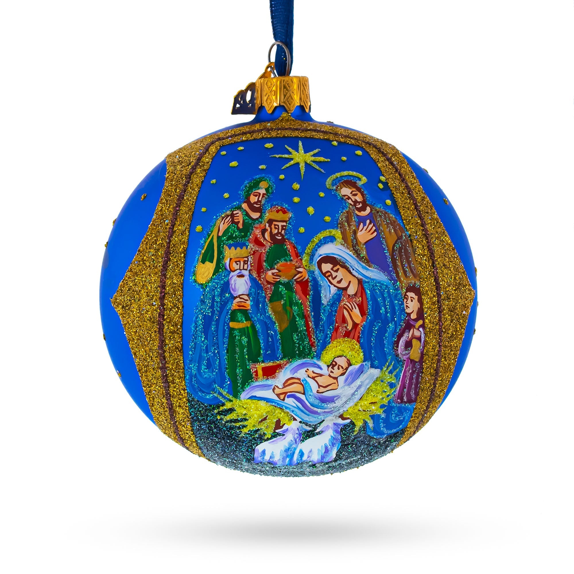 Sacred Nativity Gathering Glass Ball Christmas Ornament 4 Inches