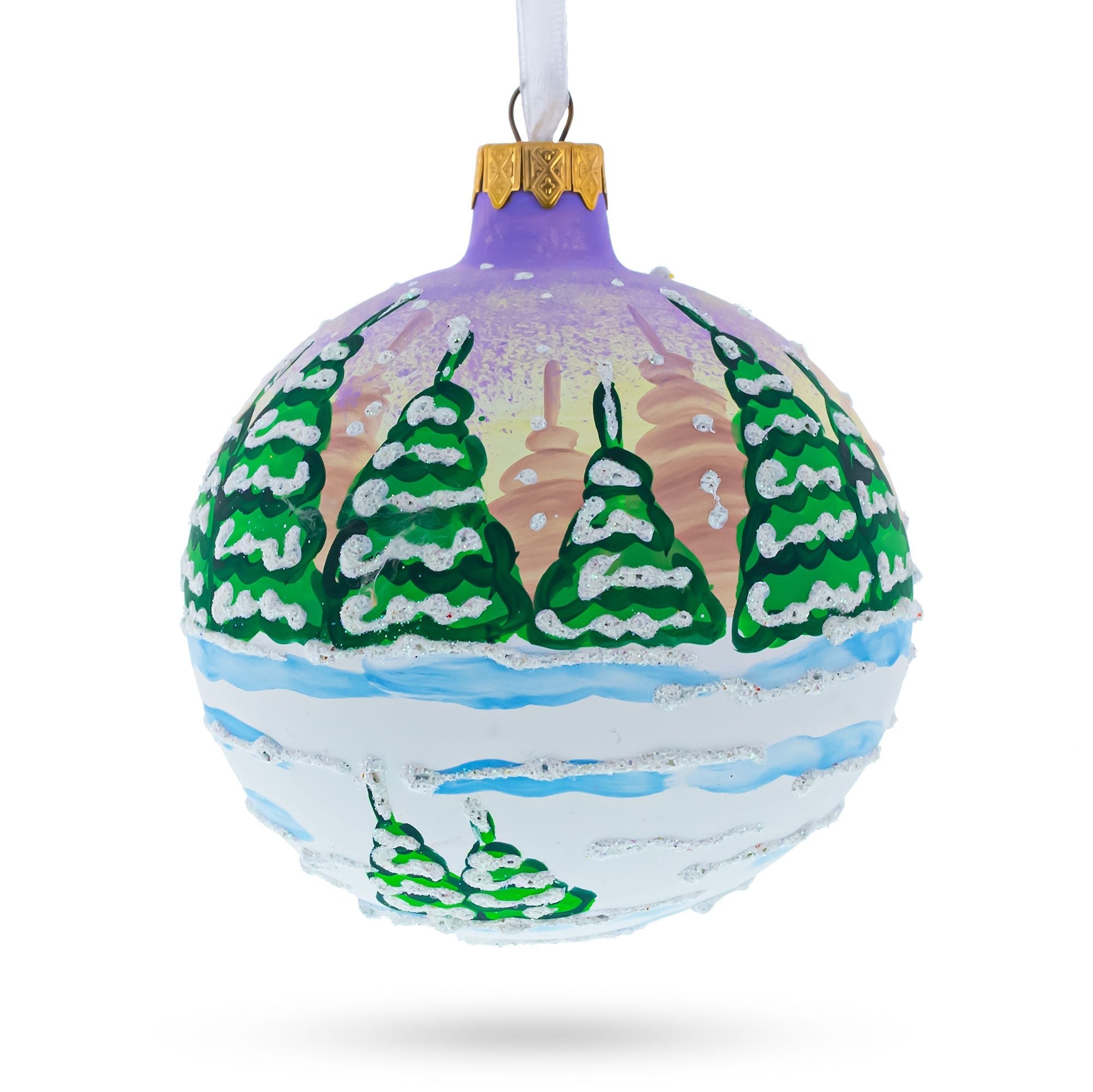 Majestic Santa in Winter Riding 3 White Horses Glass Ball Christmas Ornament 3.25 Inches