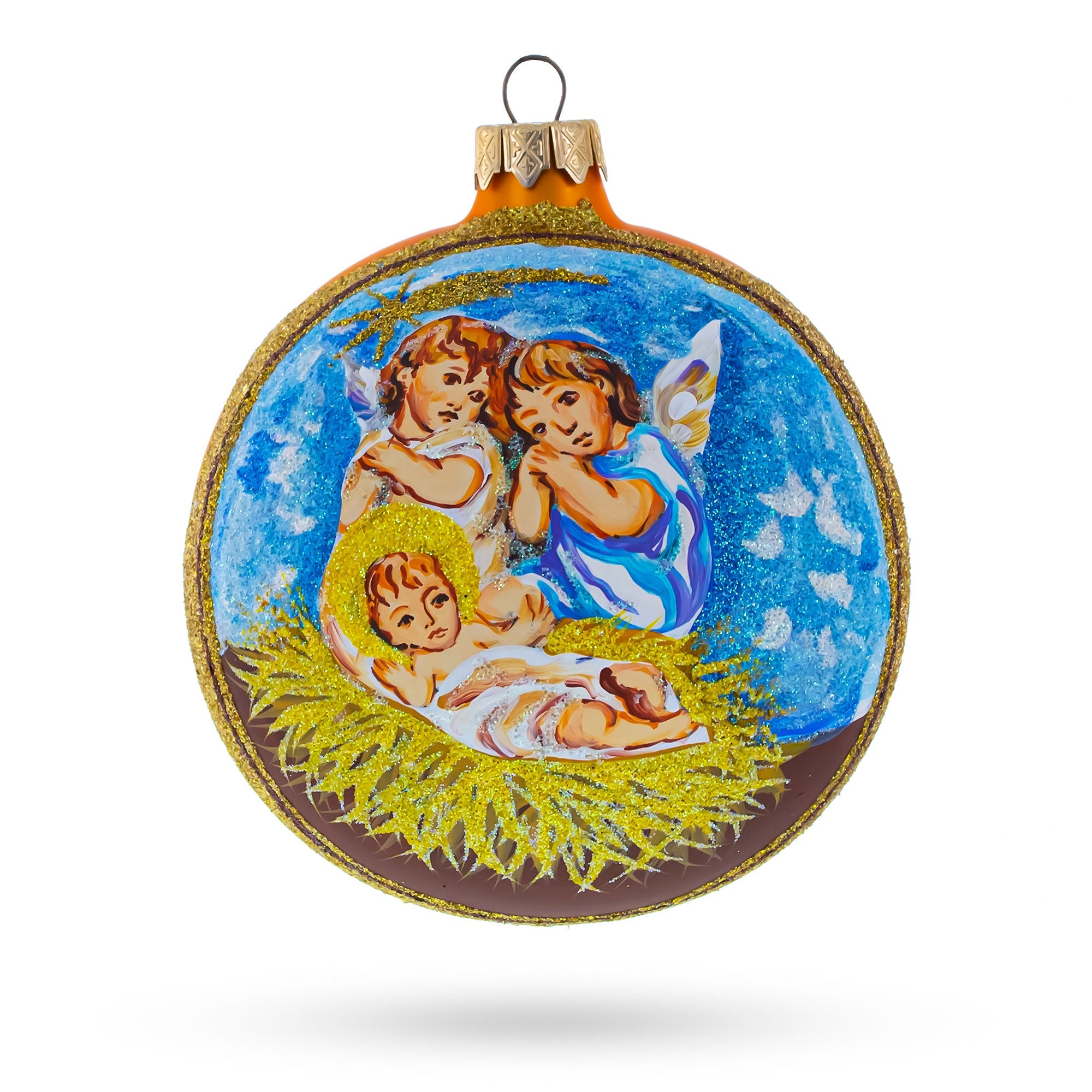 Divine Angels Overlooking Baby Jesus Glass Ball Christmas Ornament 4 Inches