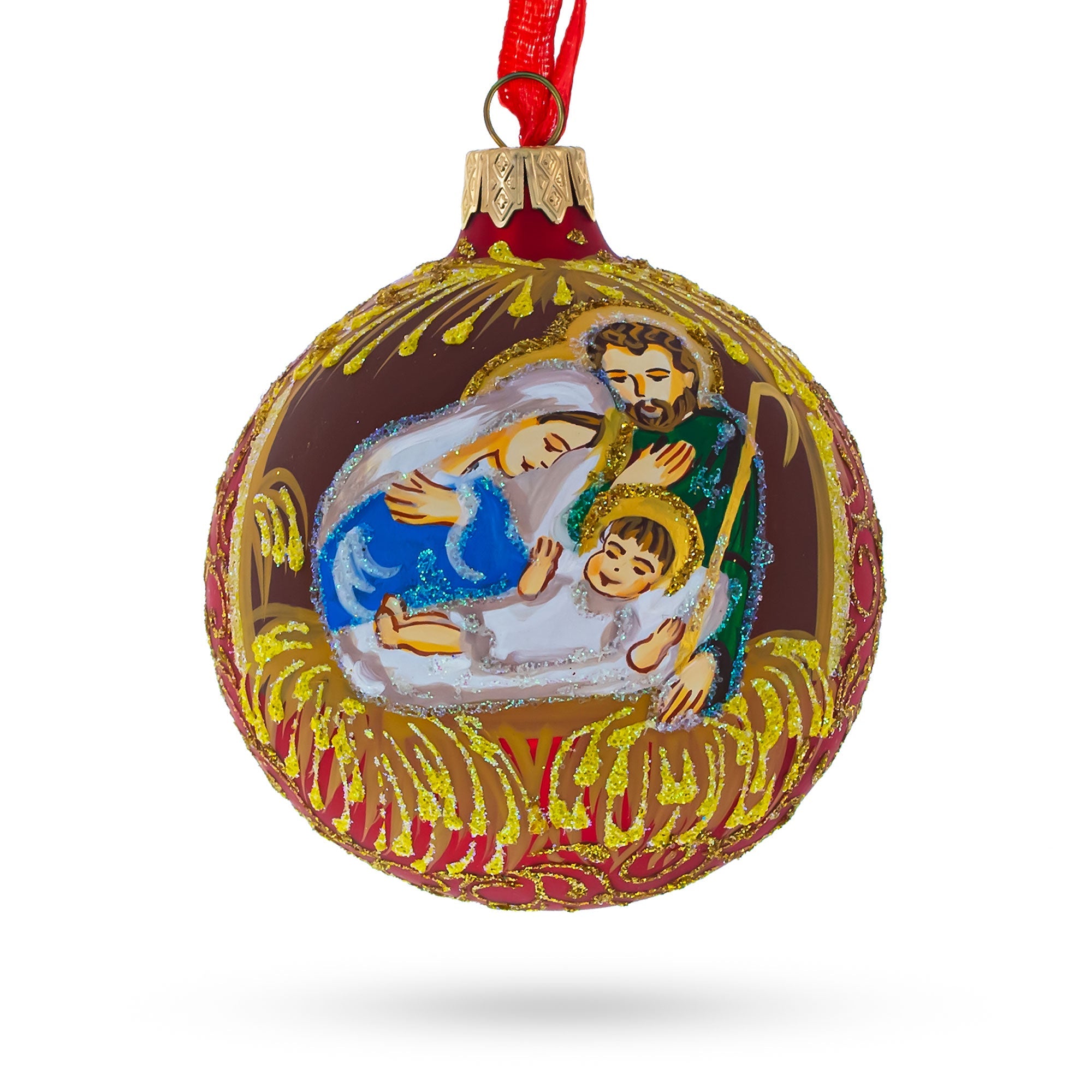 Holy Family Admires Jesus Nativity Scene Glass Ball Christmas Ornament 3.25 Inches