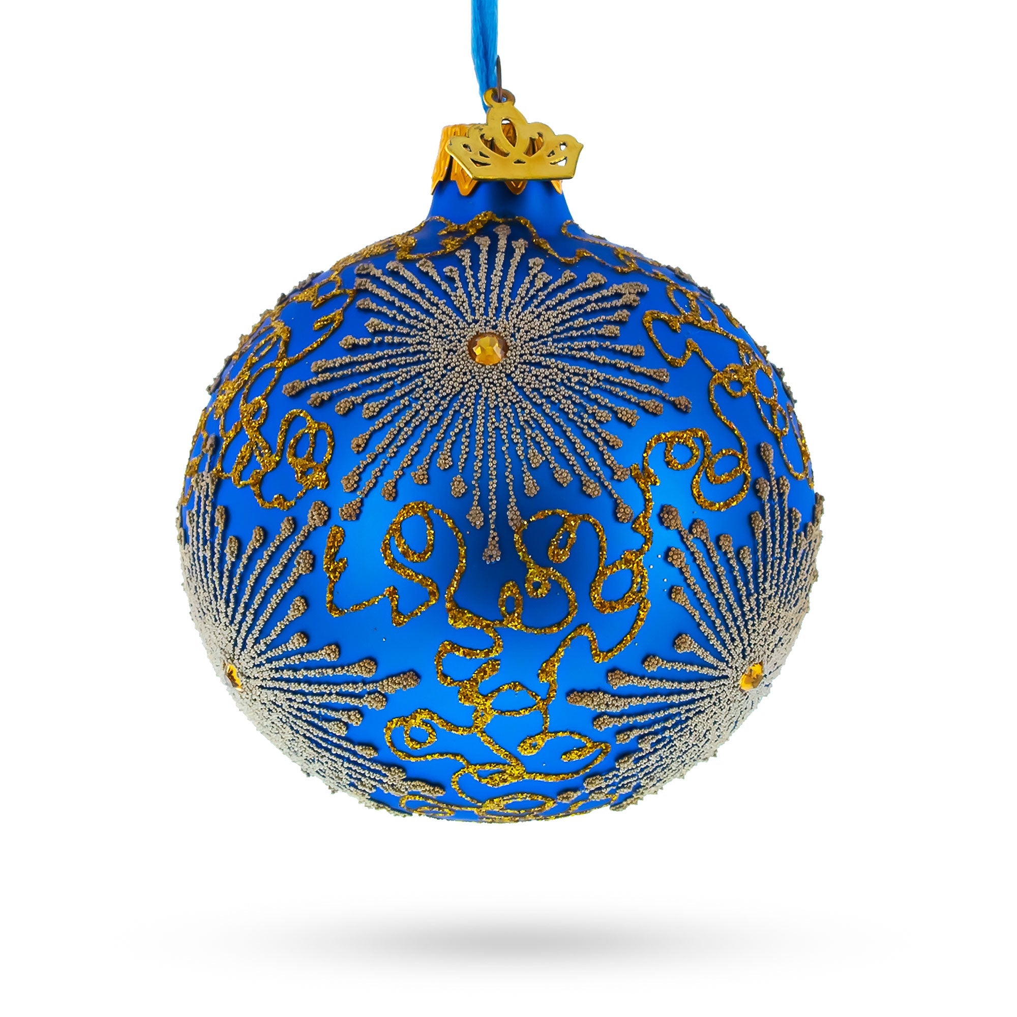 Sparkling Jeweled Snowflakes on Blue Glass Ball Christmas Ornament 3.25 Inches BestPysanky