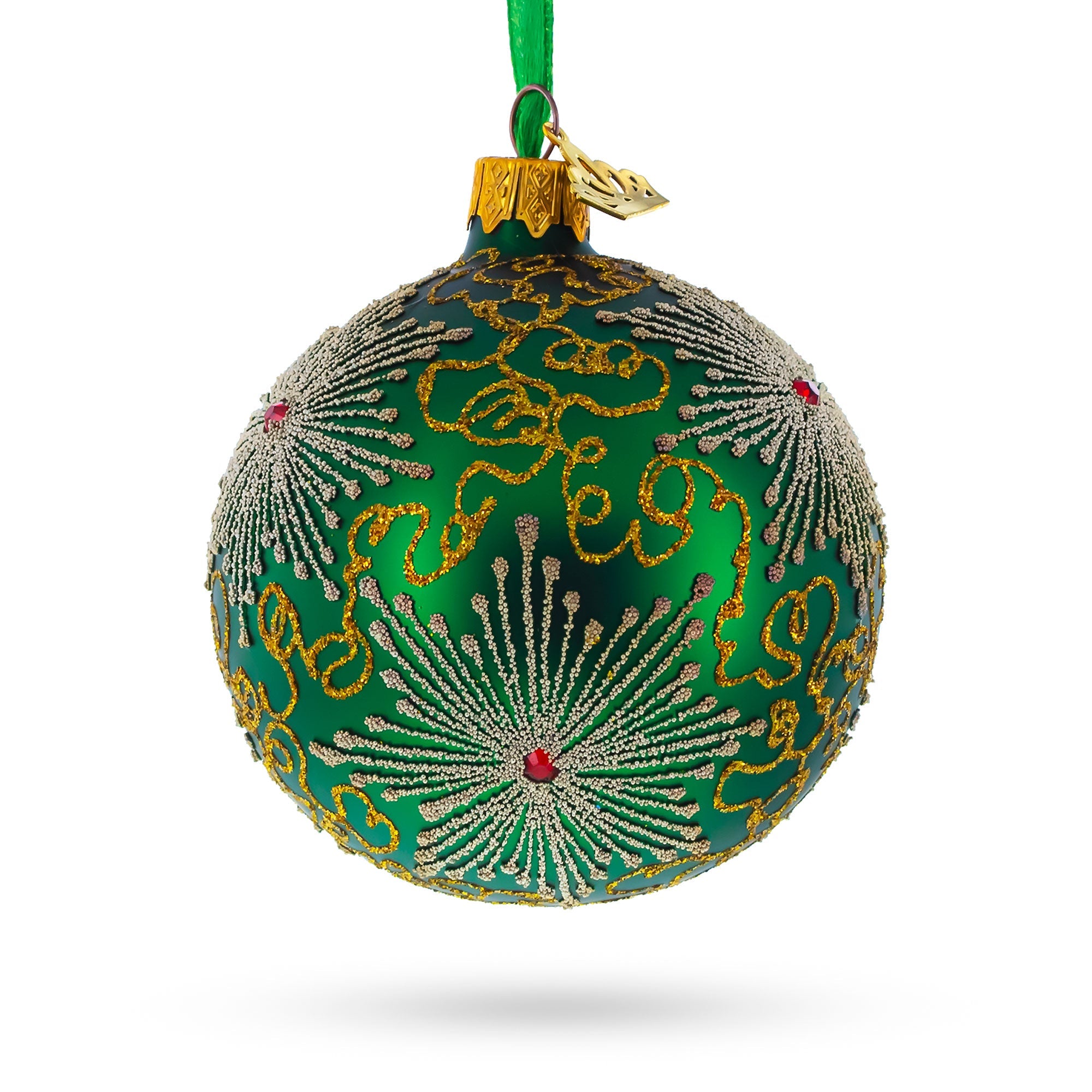 Dazzling Jeweled Snowflakes on Green Glass Ball Christmas Ornament 3.25 Inches