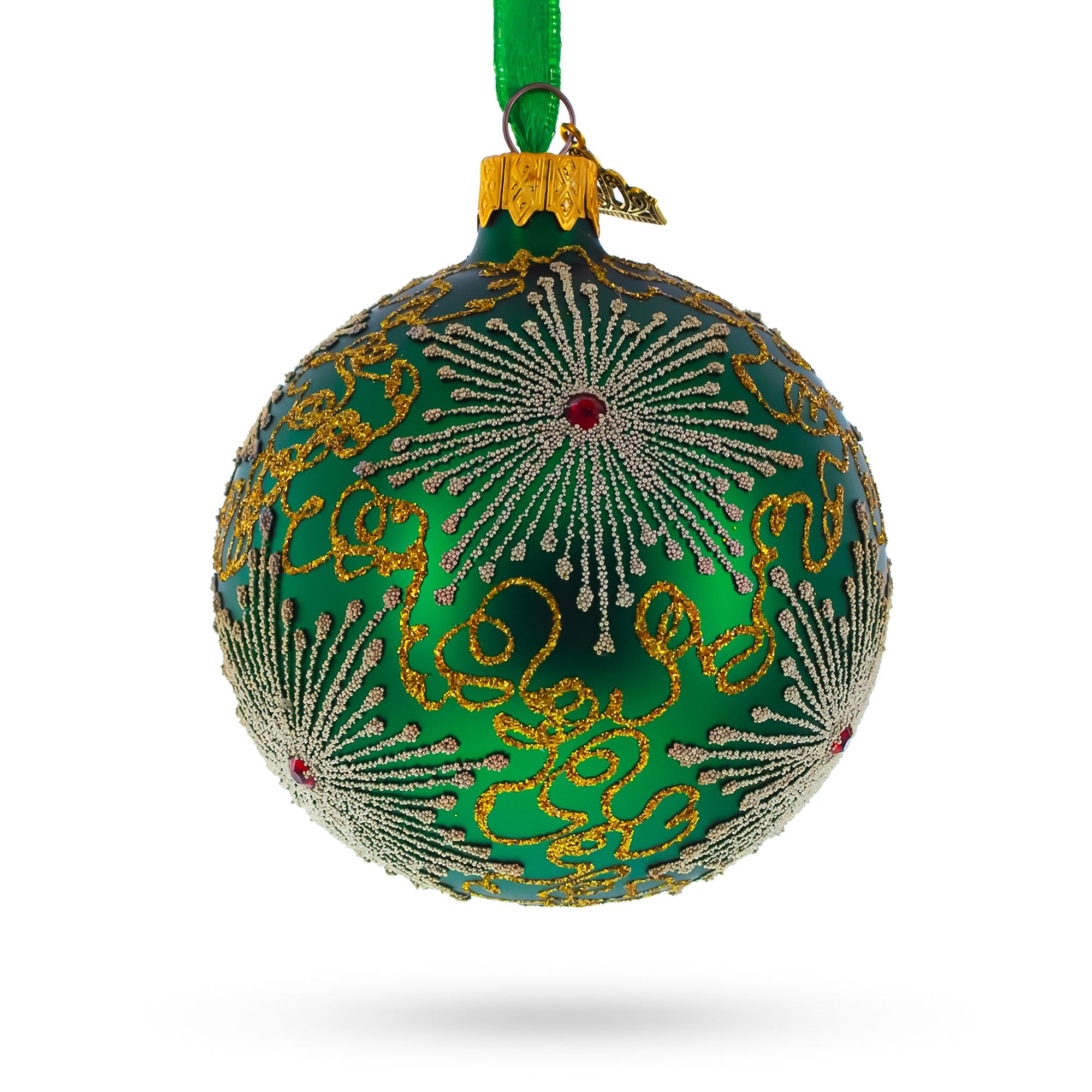 Dazzling Jeweled Snowflakes on Green Glass Ball Christmas Ornament 3.25 Inches