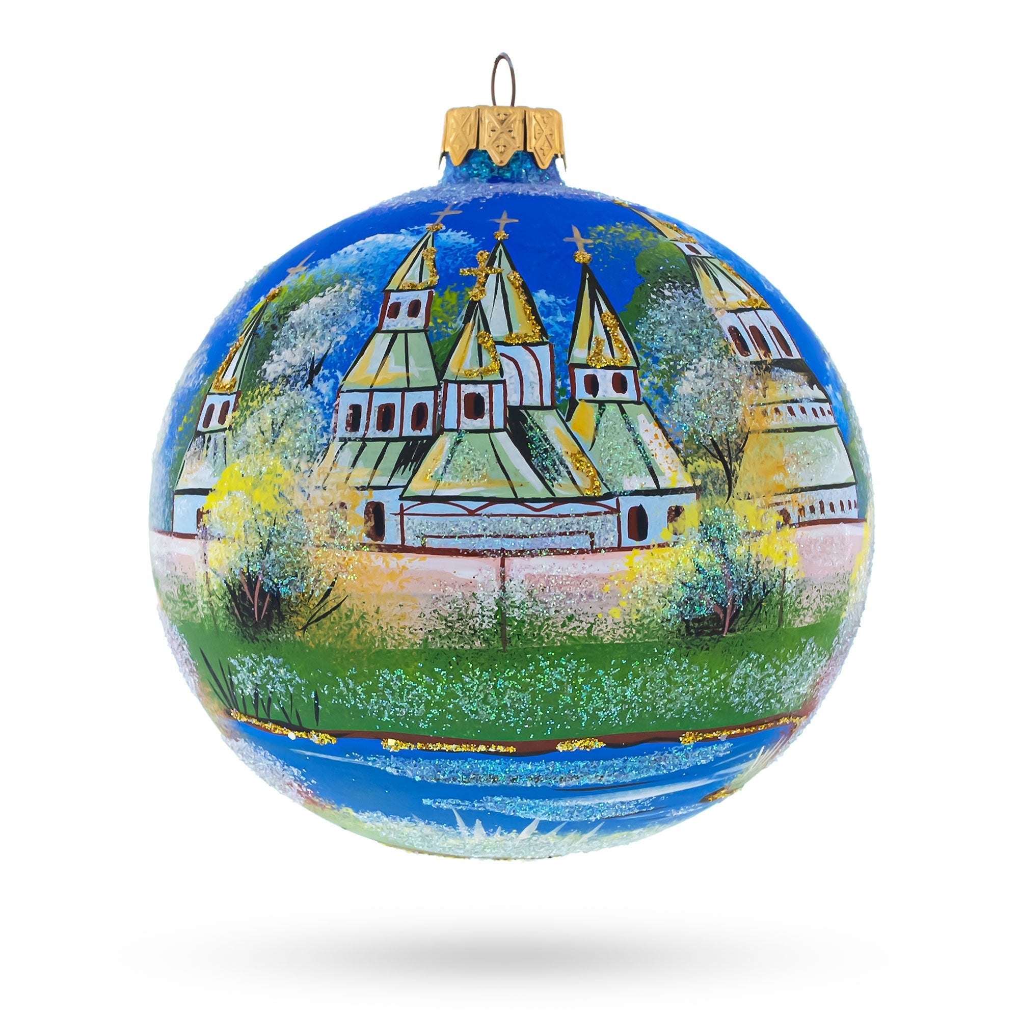 Winter Church Scene Glass Ball Christmas Ornament 4 Inches