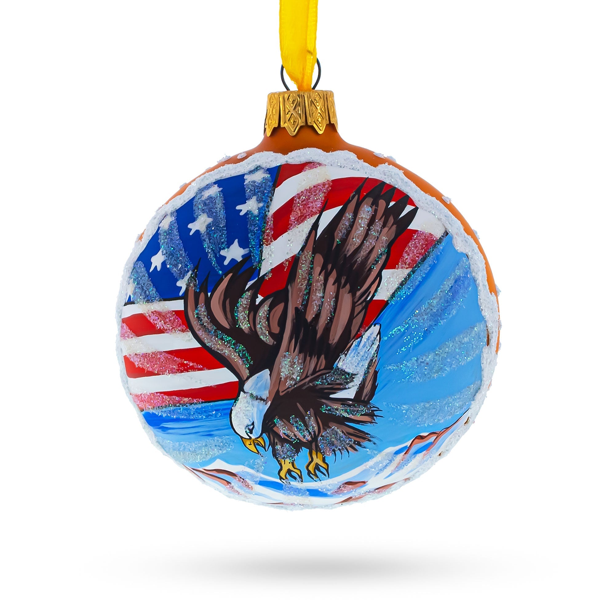 USA Flag and Bald Eagle Glass Ball Christmas Ornament 3.25 Inches