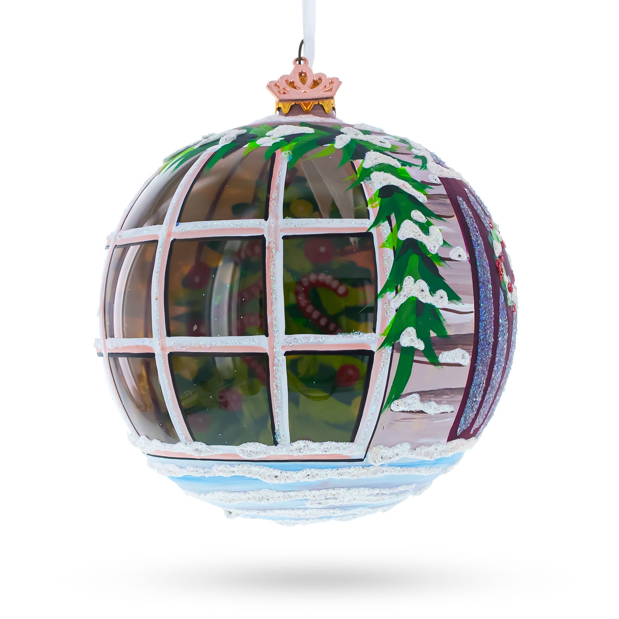 Intriguing Santa Peeking Through House Window Glass Ball Christmas Ornament 4 Inches