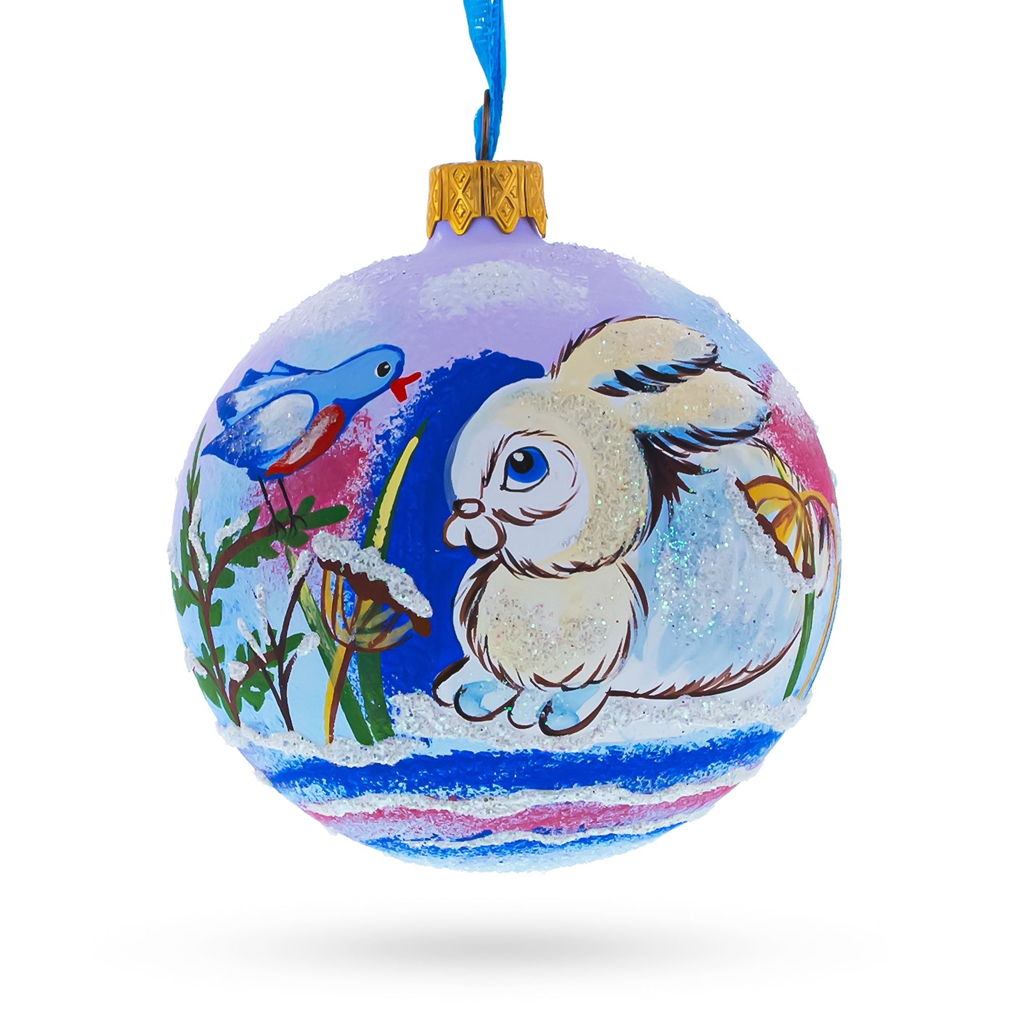 Charming Bunny Rabbit and Bird Whimsical Glass Ball Christmas Ornament 3.25 Inches
