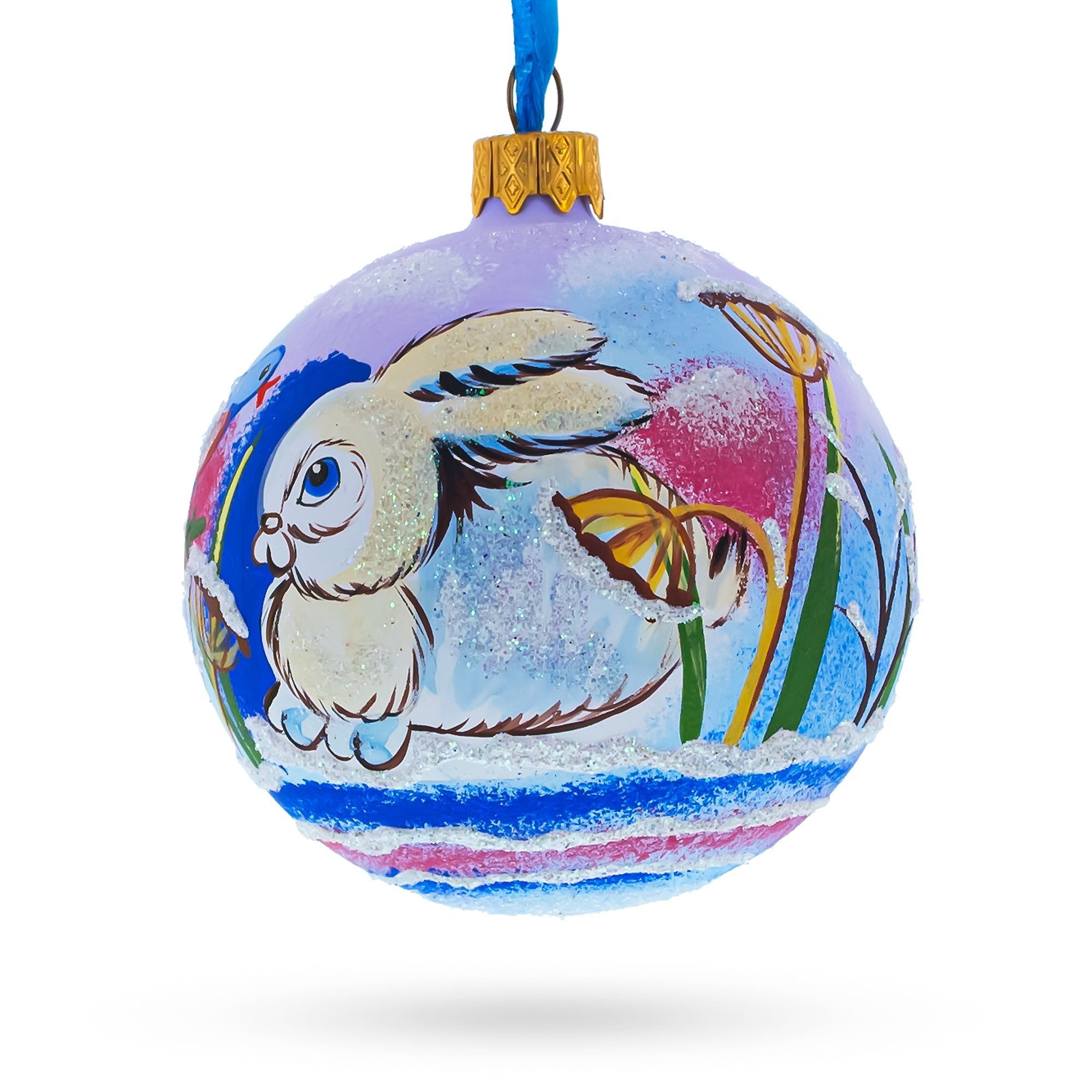 Charming Bunny Rabbit and Bird Whimsical Glass Ball Christmas Ornament 3.25 Inches