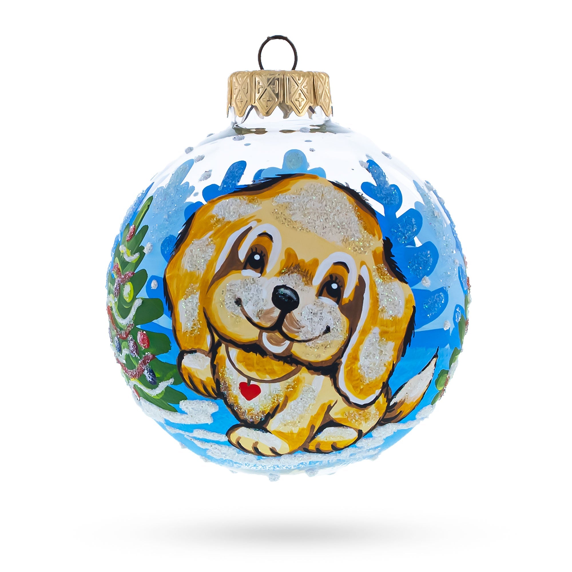 Adorable Golden Puppy Glass Ball Christmas Ornament 3.25 Inches