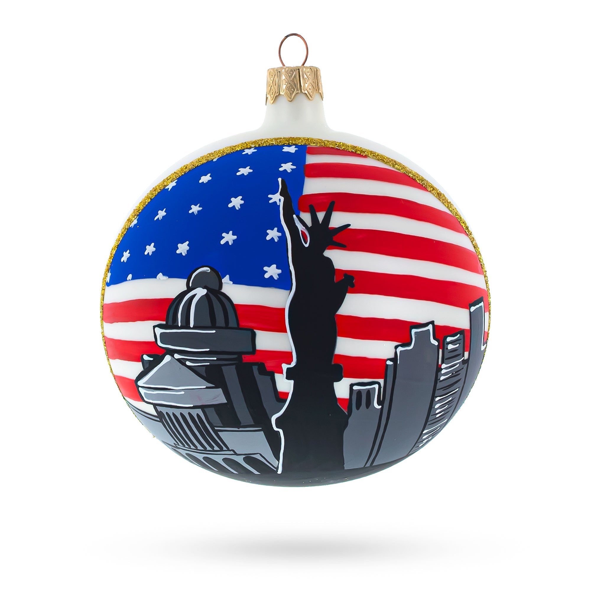 Statue of Liberty with USA Flag, New York City Glass Ball Christmas Ornament 4 Inches