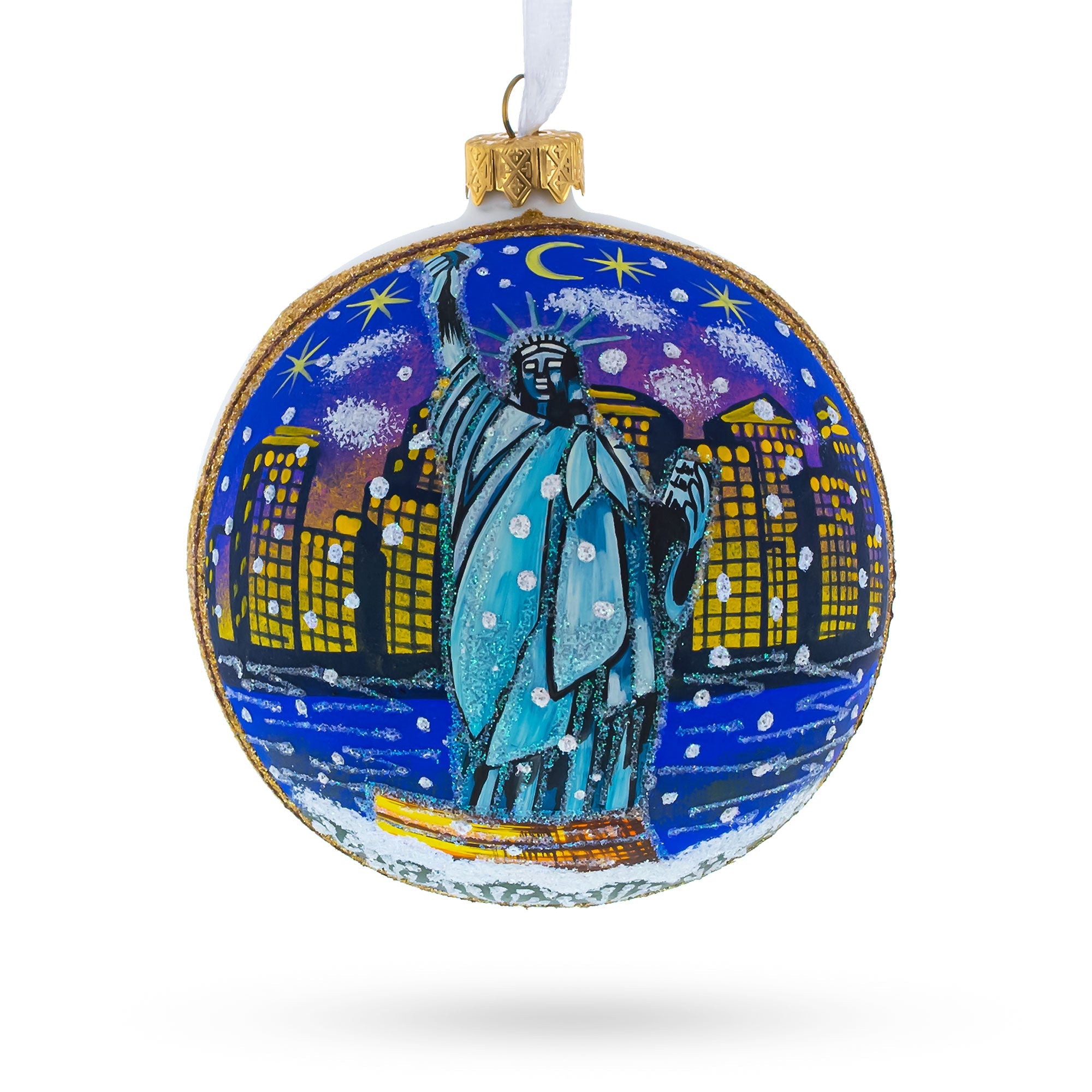 Statue of Liberty at Night, New York, USA Glass Ball Christmas Ornament 4 Inches