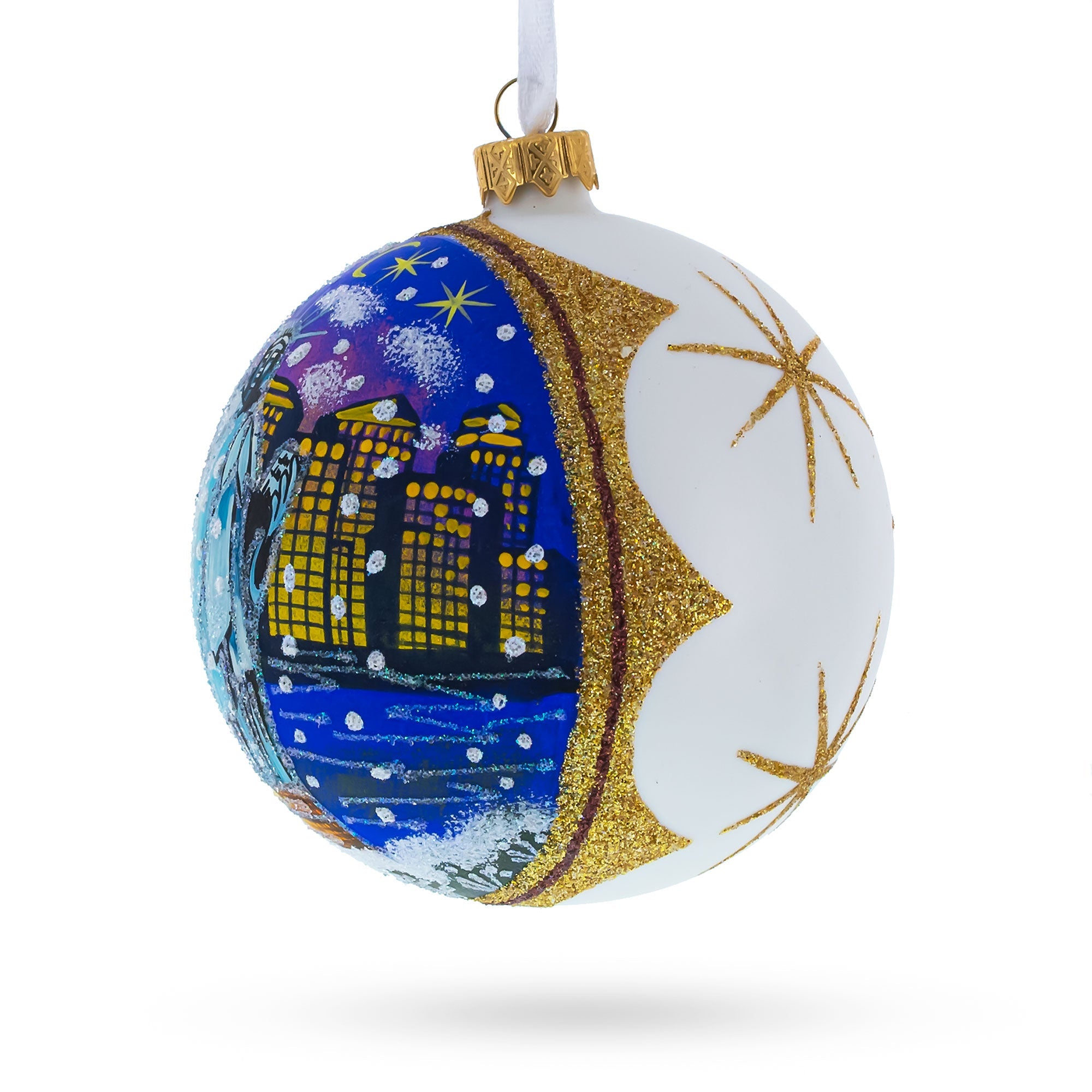 Statue of Liberty at Night, New York, USA Glass Ball Christmas Ornament 4 Inches