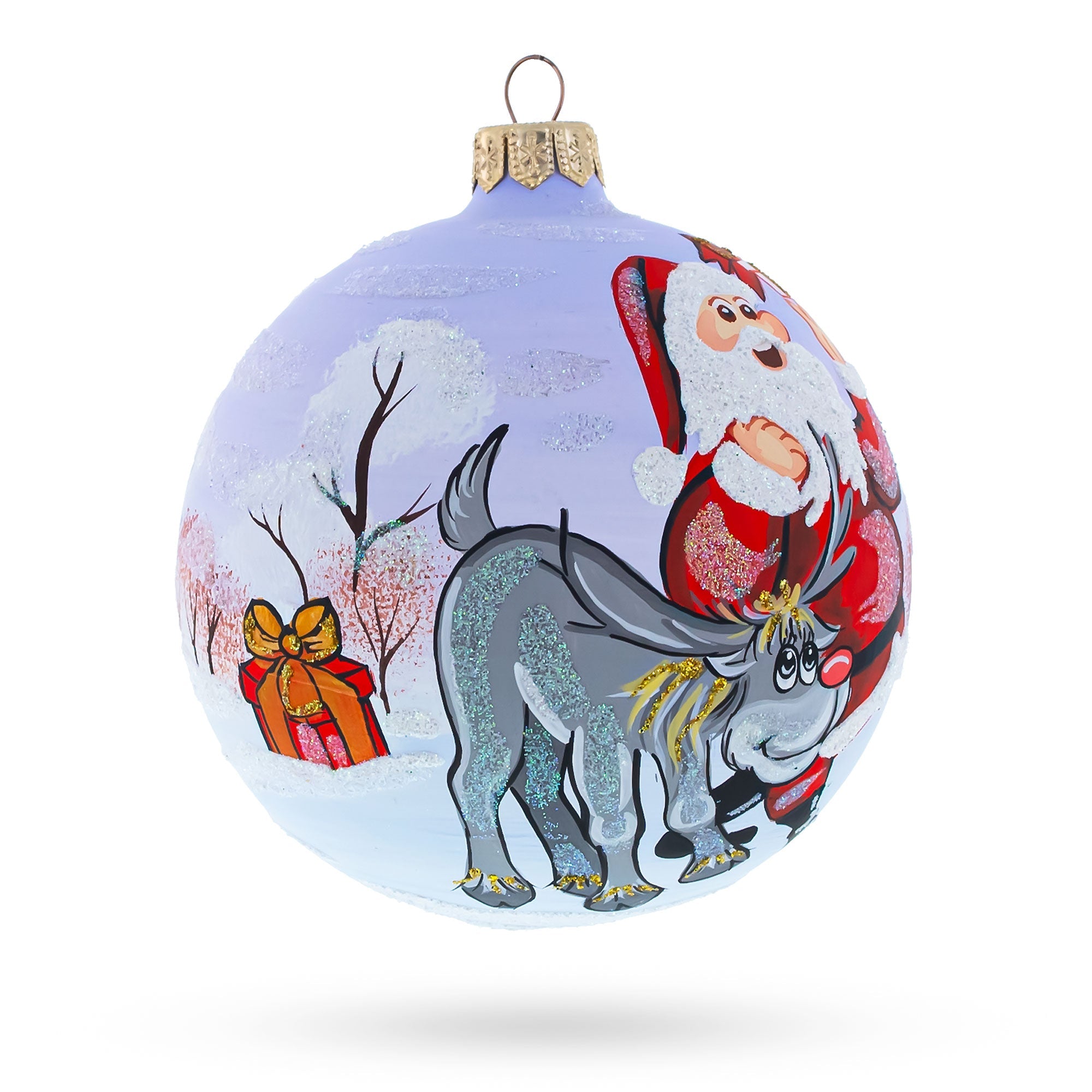 Santa and Reindeer Glass Ball Christmas Ornament 4 Inches