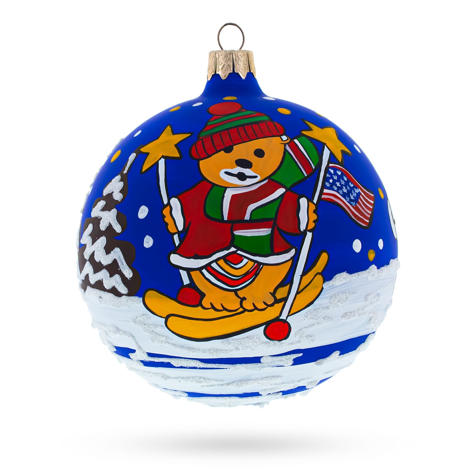 Bear Skiing with Snowman and USA Flag Glass Ball Christmas Ornament 4 Inches