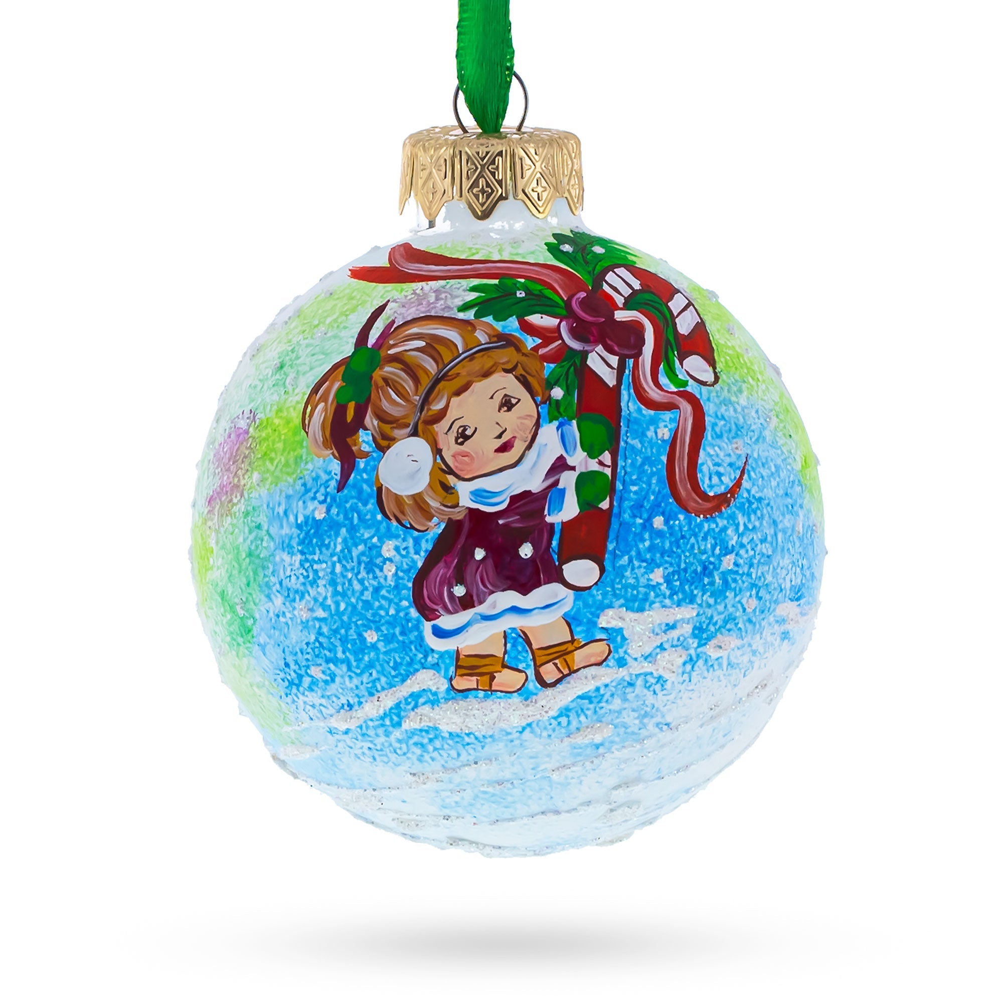 Girl with Candy Cane Glass Ball Christmas Ornament 3.25 Inches