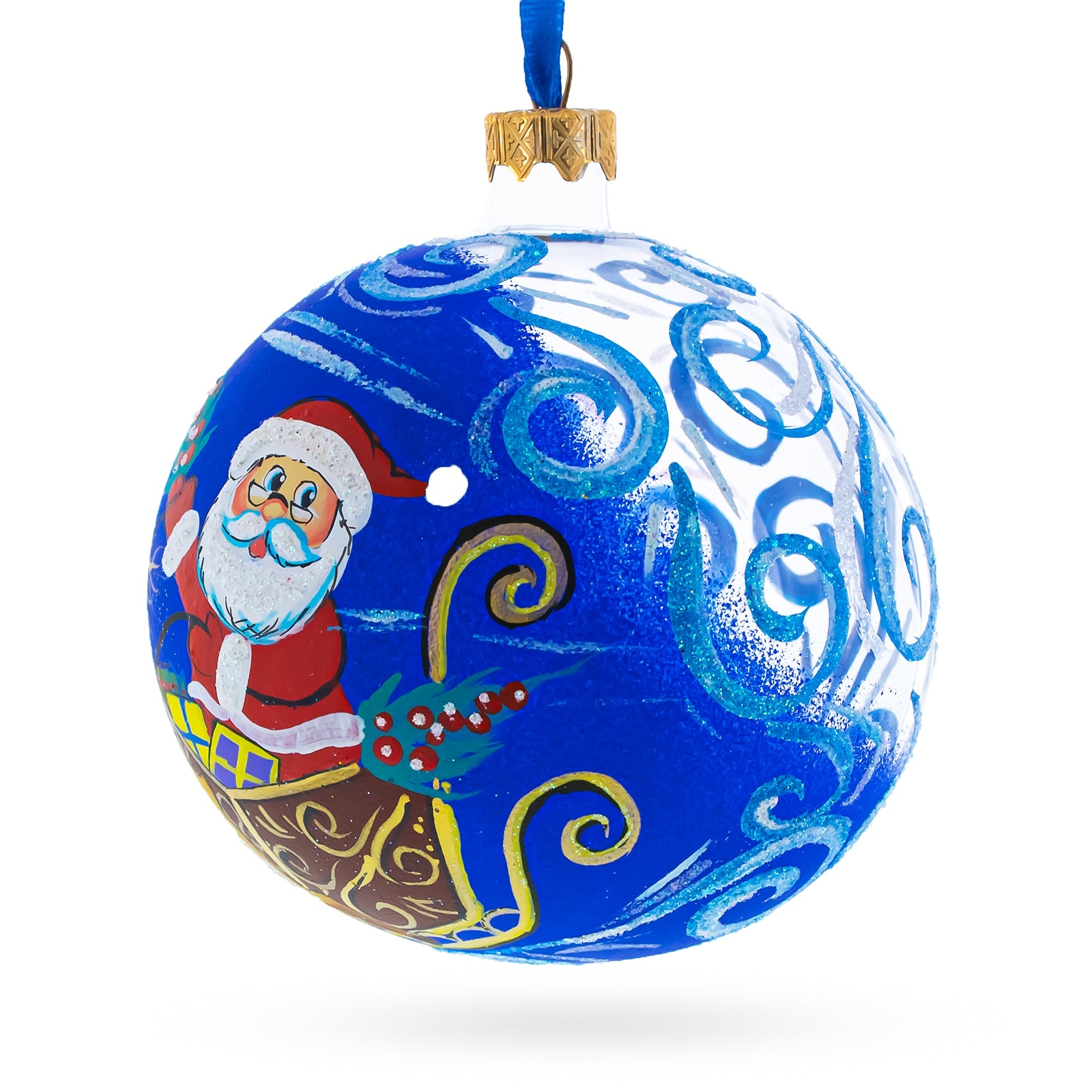 Jolly Santa Riding Sleigh with Reindeer Glass Ball Christmas Ornament 4 Inches
