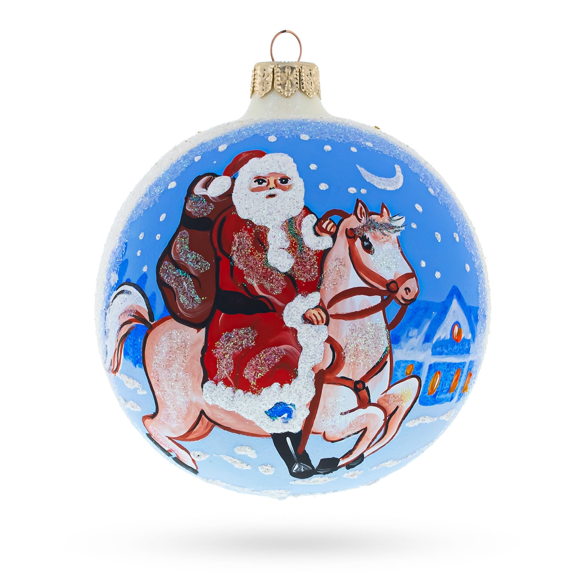 Santa Riding Horse Laden with Gifts Glass Ball Christmas Ornament 4 Inches