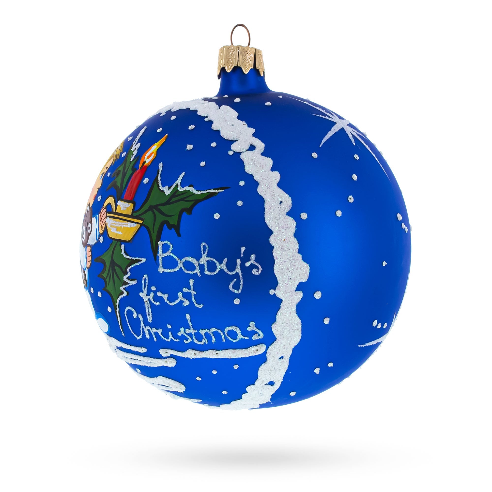 Boy Cuddling Teddy Bear Glass Ball Baby's First Christmas Ornament 4 Inches