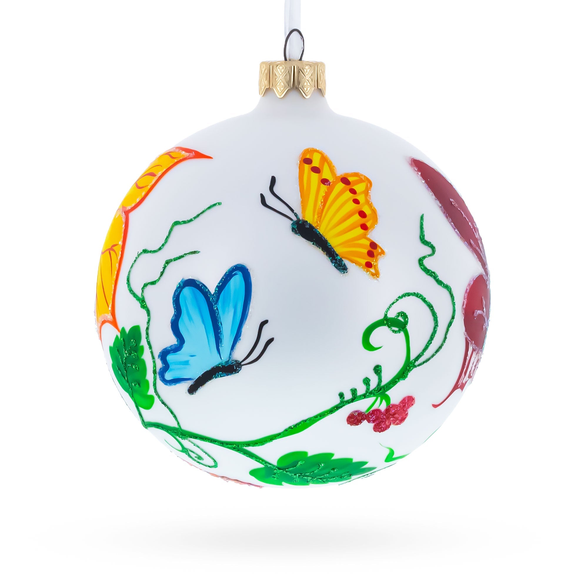 Delicate Butterflies on Glass Ball Christmas Ornament 4 Inches